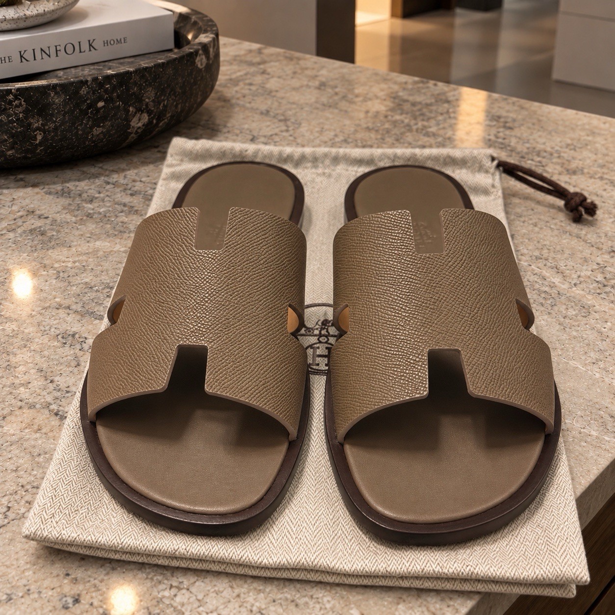 Hermes Izmir Sandals Men’s Size 44 / 11 Epsom Calfskin Leather H Etoupe Slides