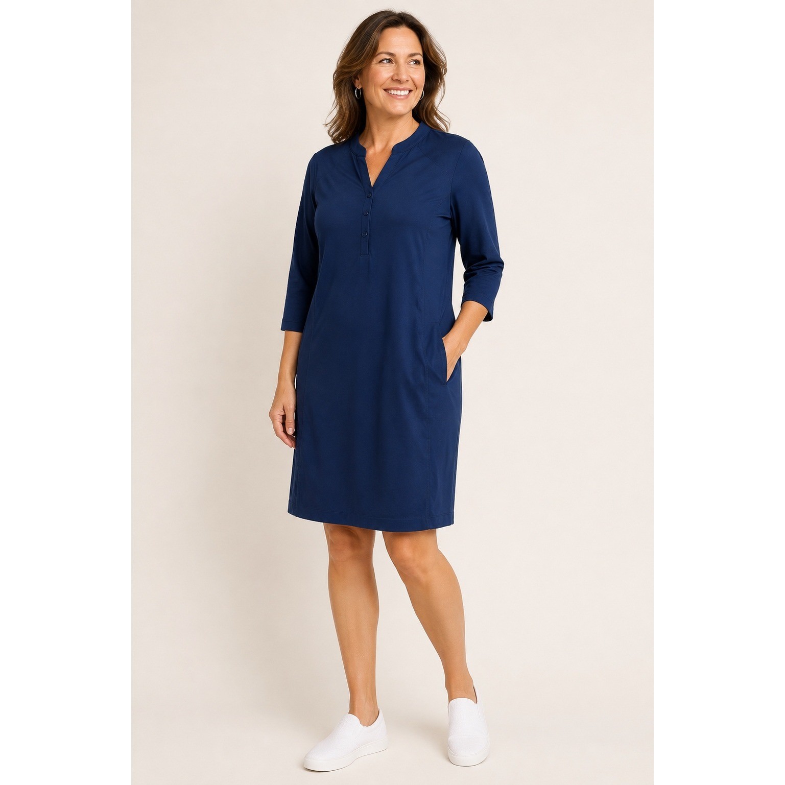 NWT Chico\'s Zenergy Neema Knit Inset Dress 2 US 12 Navy UPF 50+ Pockets