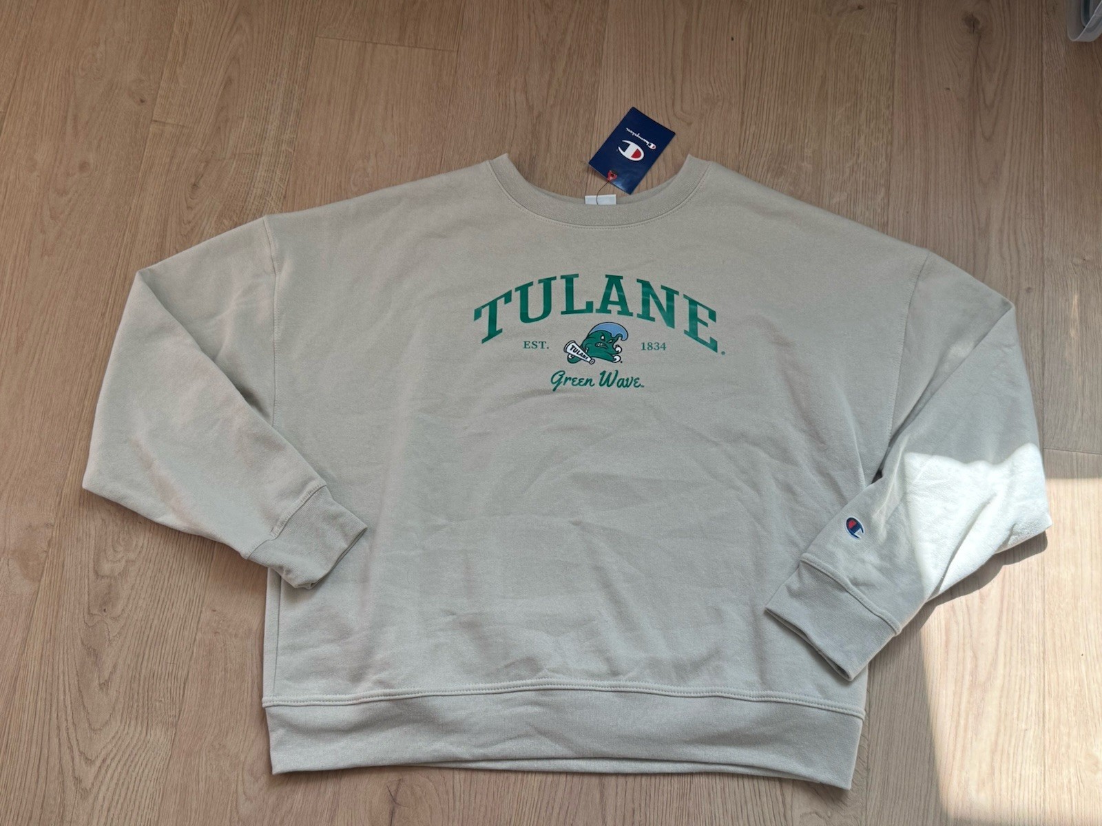 Champion Tulane Green Wave Crewneck Sweatshirt Cream Logo Mens L NWT