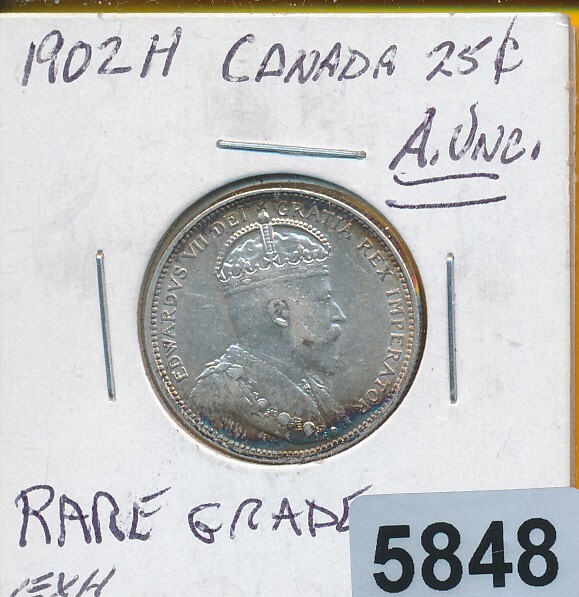 CANADA 25 CENTS - 1902-H  - TONING XF- AU - #5848 - RARE GRADE - WOW