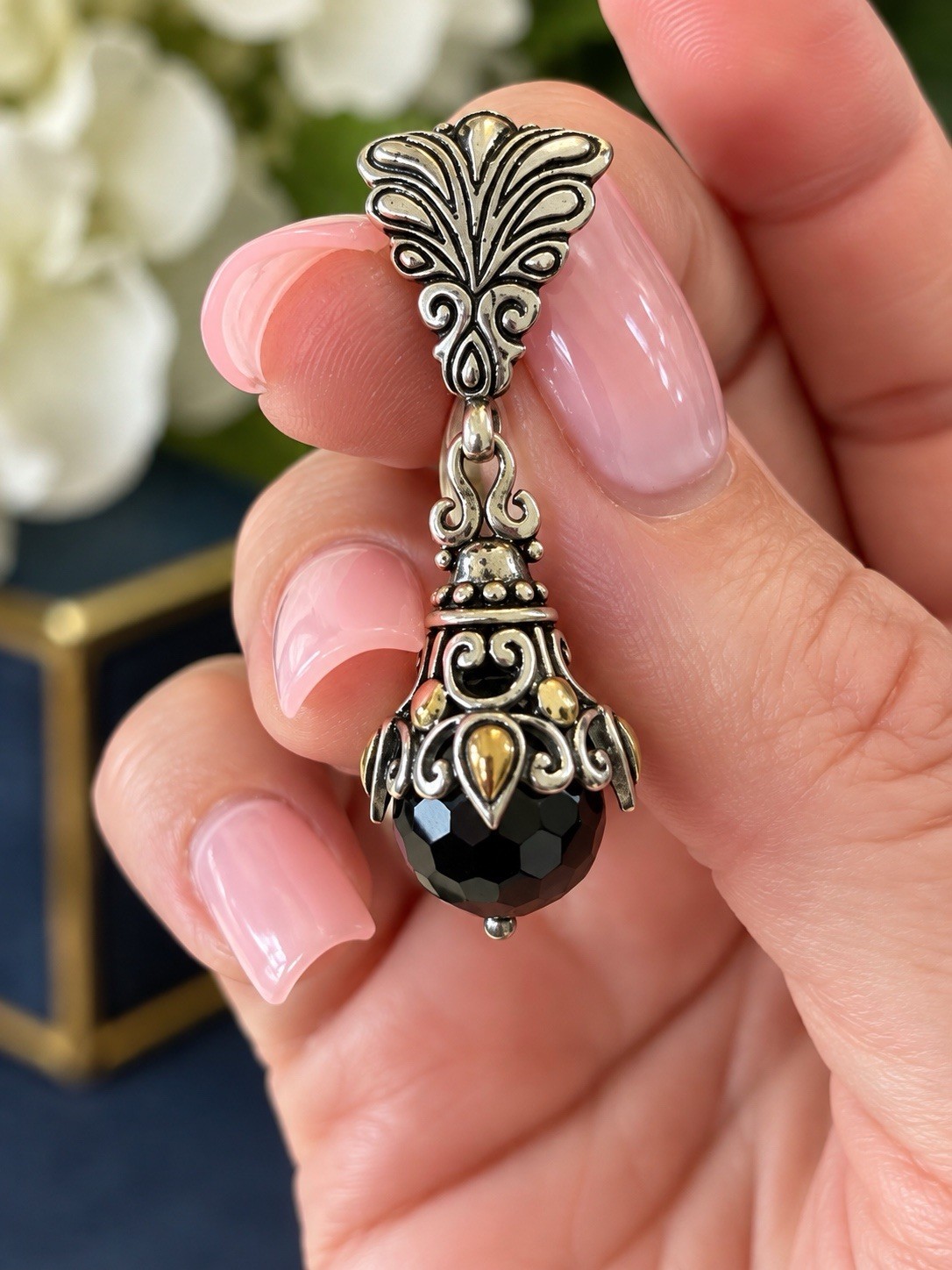 925 Sterling Silver 18K Gold Black Gemstone Bali Style Pendant