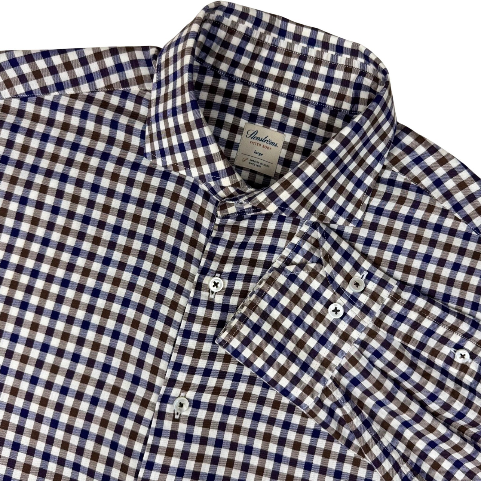 Stenstroms Fitted Body Button Up Plaid Shirt Mens Large Brown Blue Check Luxury