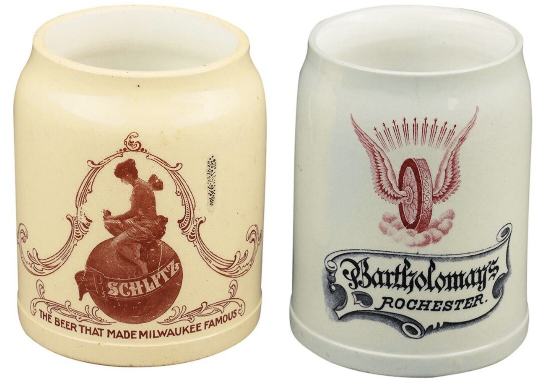 Antique Pre-Prohibition Beer Mugs Schlitz & Bartholomay Rochester Stoneware Ad. 
