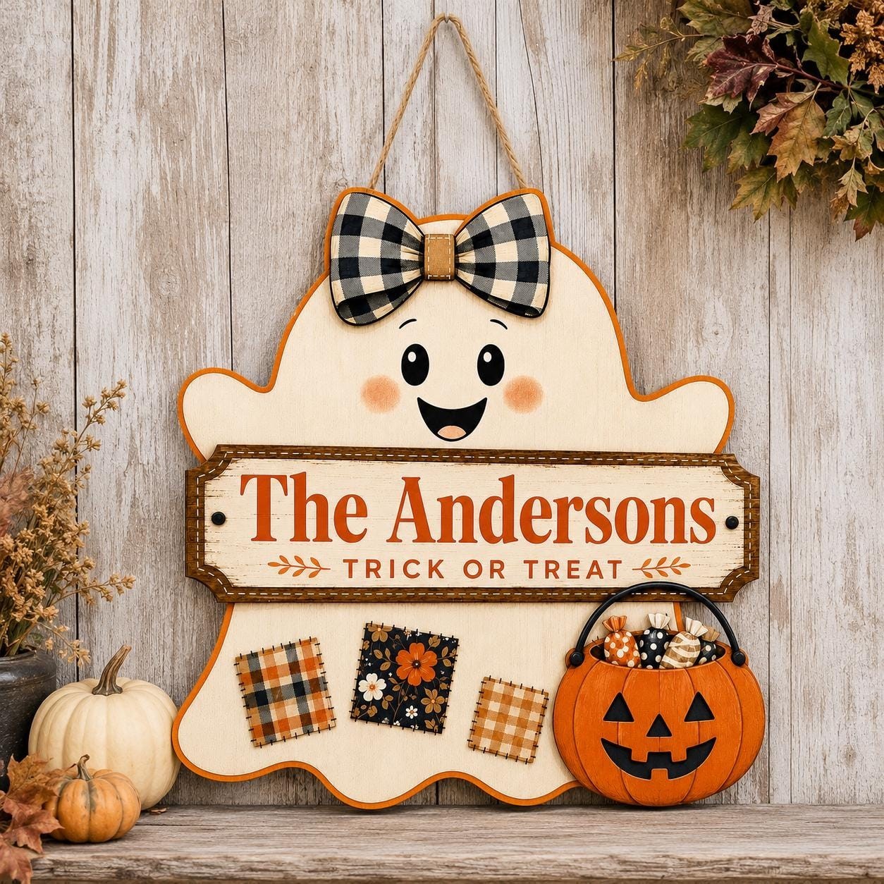 Personalized Halloween Ghost Shape Wood Sign Cute Trick Or Treat Door Decor