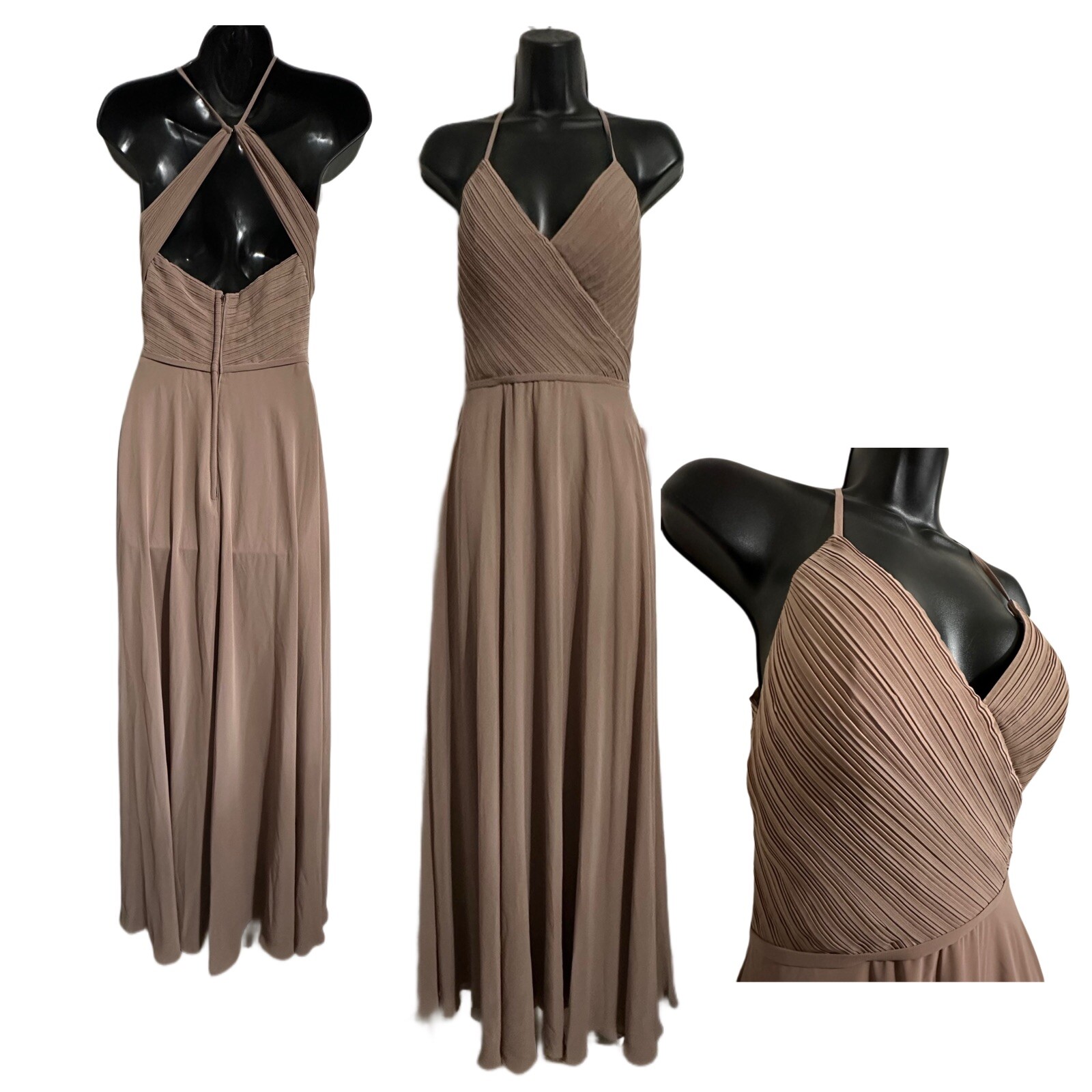 Dear Cleo Women\'s Special Occasion Chiffon Dress V-neck Mocha Sz 2 Keyhole Back Dear Cleo Women\'s Special Occasion Chiffon Dress V-neck Mocha Sz 2 Keyhole Back