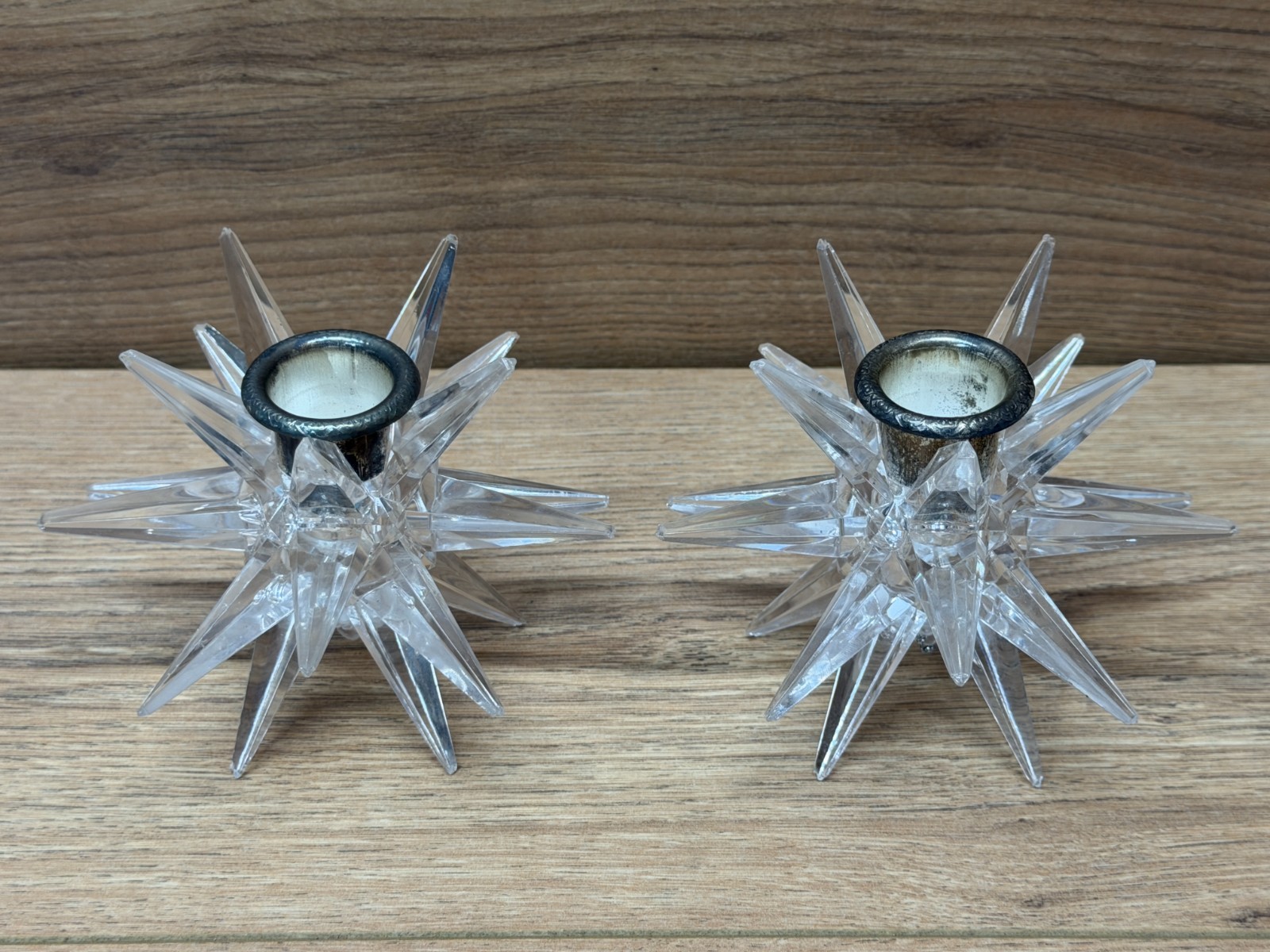 Vintage Atomic Sputnik Acrylic Lucite Starburst Candle Holders Pair Clear Decor