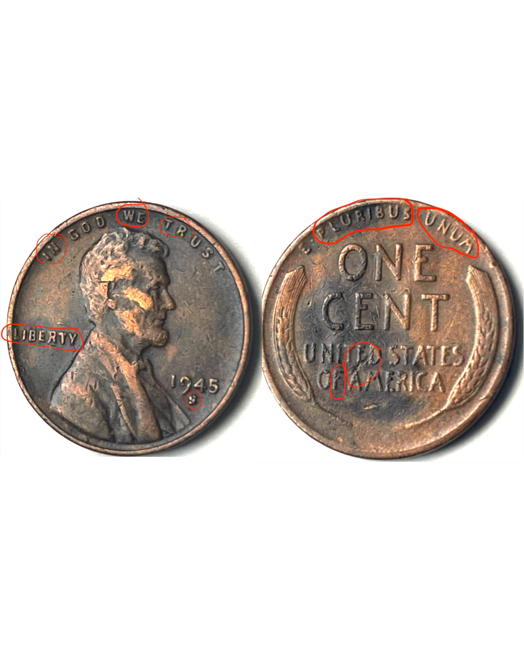 RARE 1945-S Wheat Penny Errors - Die Gouge, Doubled Die Reverse DDR, Doubling
