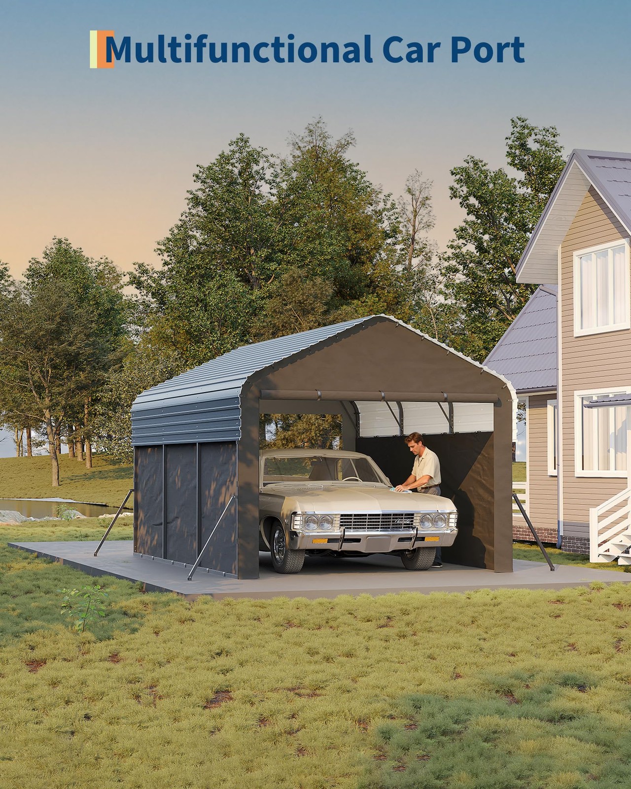 10x15 FT Metal Carport with Galvanized Frame, Outdoor Heavy Duty Shelter for Car