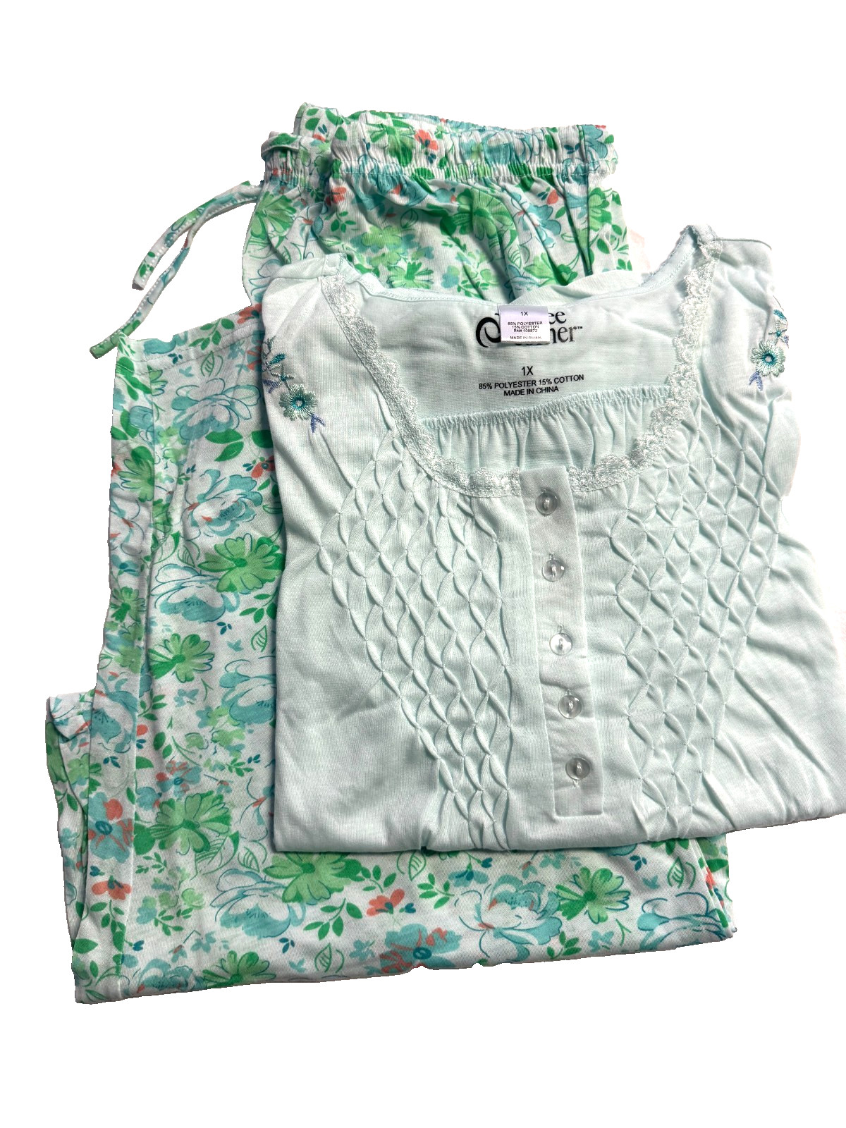 Size 1X PLUS Cozy Corner MINT GREEN Smocked Printed Capri Pant PJ Pajama Set Size 1X PLUS Cozy Corner MINT GREEN Smocked Printed Capri Pant PJ Pajama Set