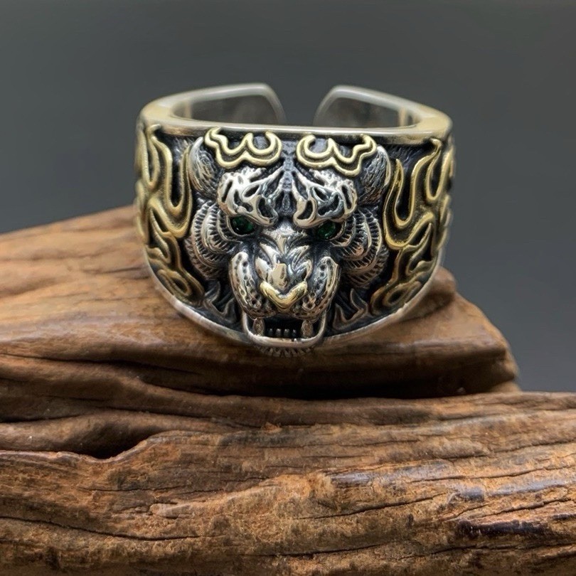 S925 Men’s Tiger Head Ring Green Gem Sterling Silver Statement Ring S925 Men’s Tiger Head Ring Green Gem Sterling Silver Statement Ring
