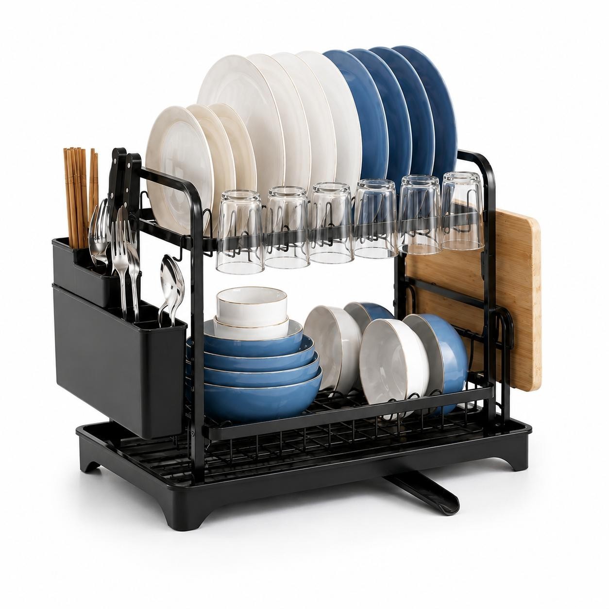 2 Tier Black Dish Drying Rack Kitchen Drainer with Drainboard Utensil Caddy 2 Tier Black Dish Drying Rack Kitchen Drainer with Drainboard Utensil Caddy