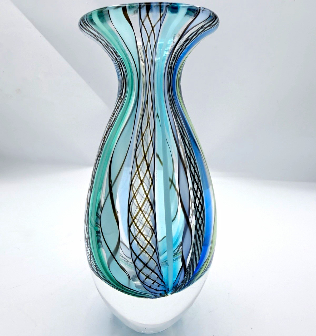 Signed Seguso Abstract Art Glass Vase Blue Green Clear Black Lines Decorative 7”