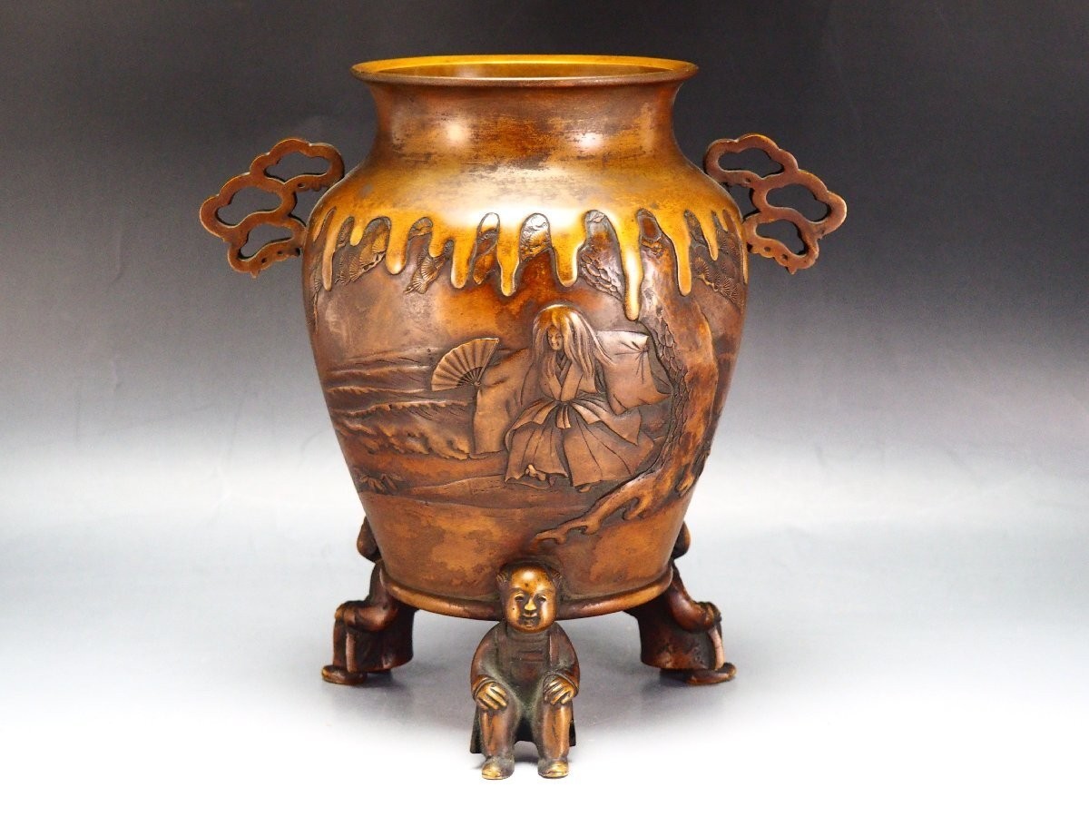 Rare Japanese Antique (early 20thC) Bronze Vase, Hanshan & Shide Rare Japanese Antique (early 20thC) Bronze Vase, Hanshan & Shide