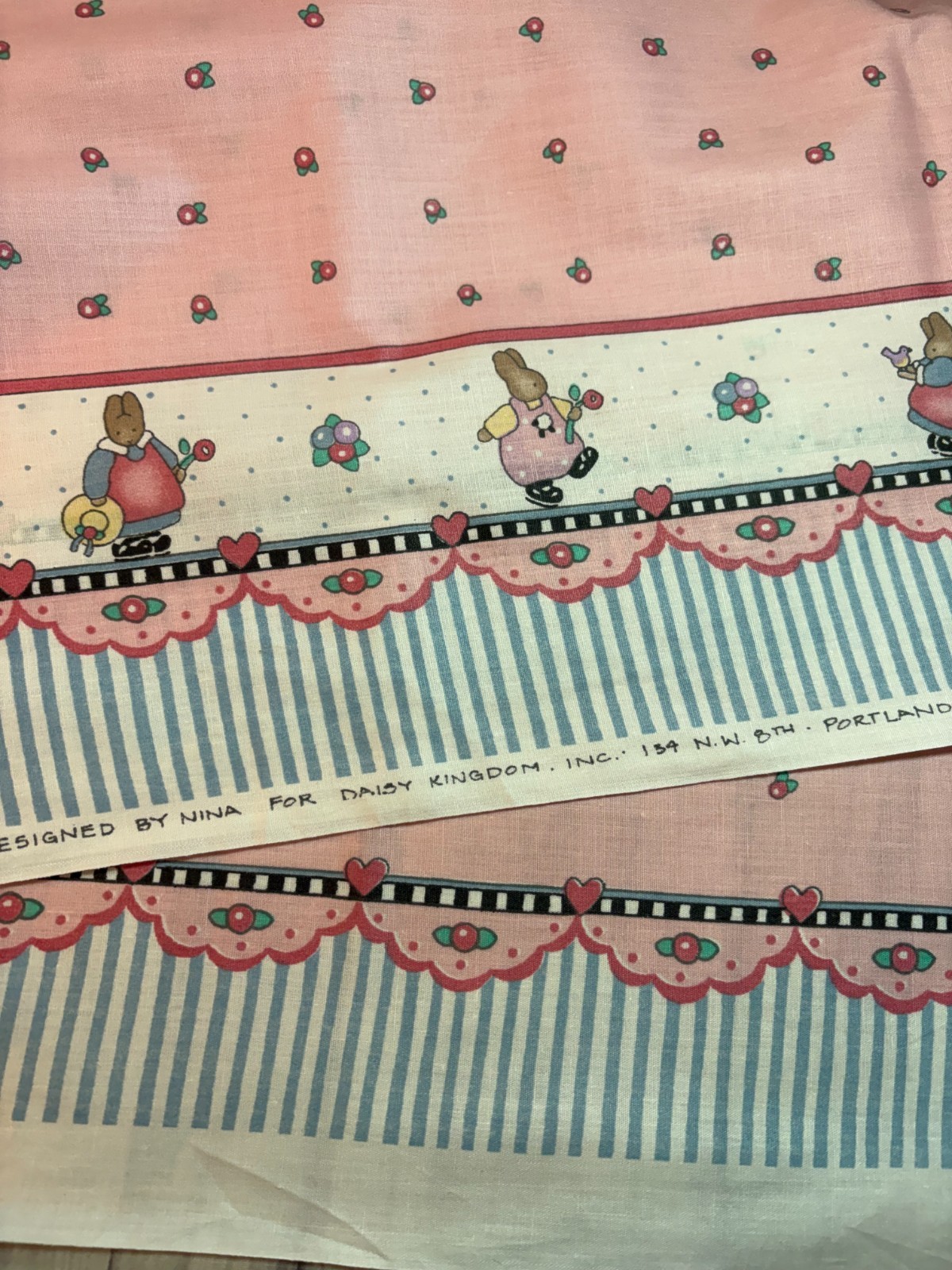 Daisy Kingdom pink fabric bunny hearts 2 different border strips choice 36 Daisy Kingdom pink fabric bunny hearts 2 different border strips choice 36