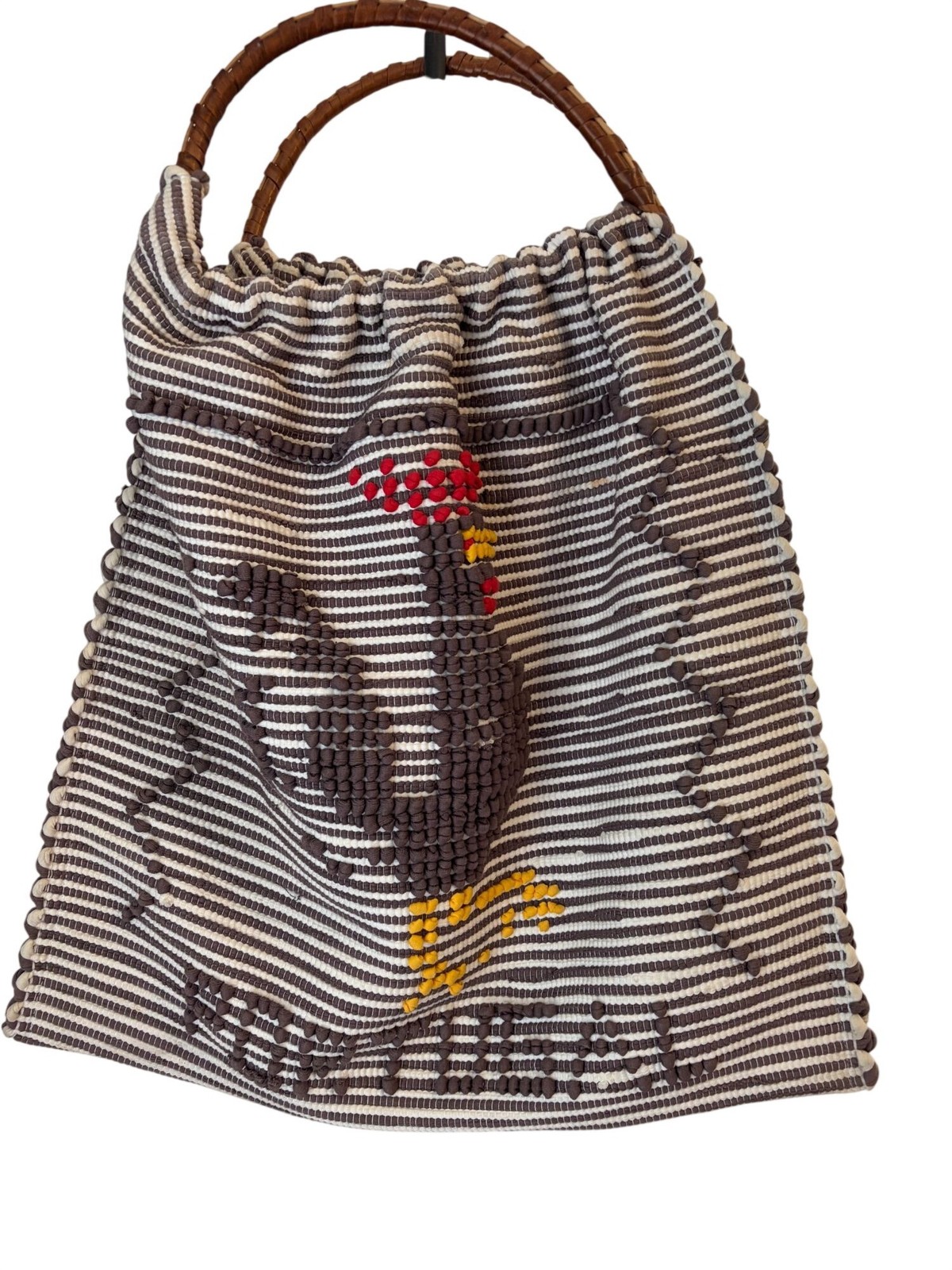 Vintage 1950s-1970s Portuguese Handwoven Folk Art Tote Bamboo Handles