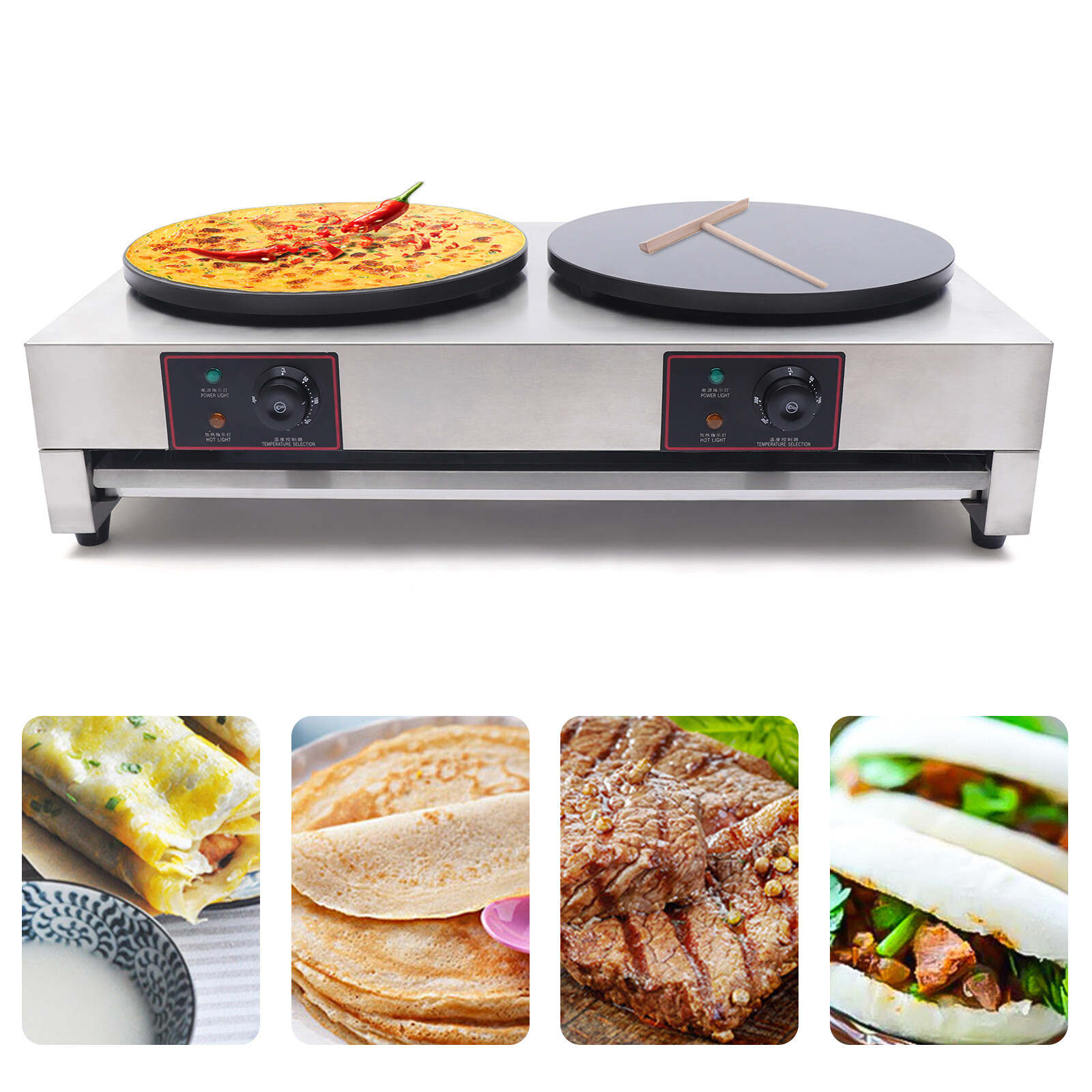 16\'\' Non-stick Electric Crepe Maker Commercial Pancakes Maker Double Burner Grid