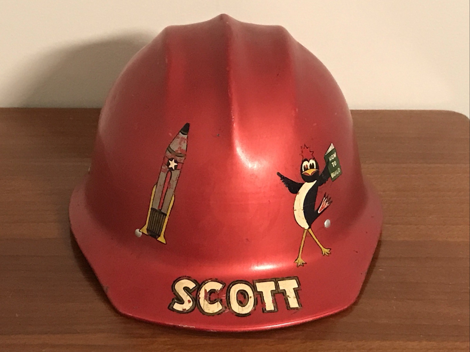 Vintage ED Bullard Hard Boiled Red Aluminum Hard Hat W/ Orig Liner & Label