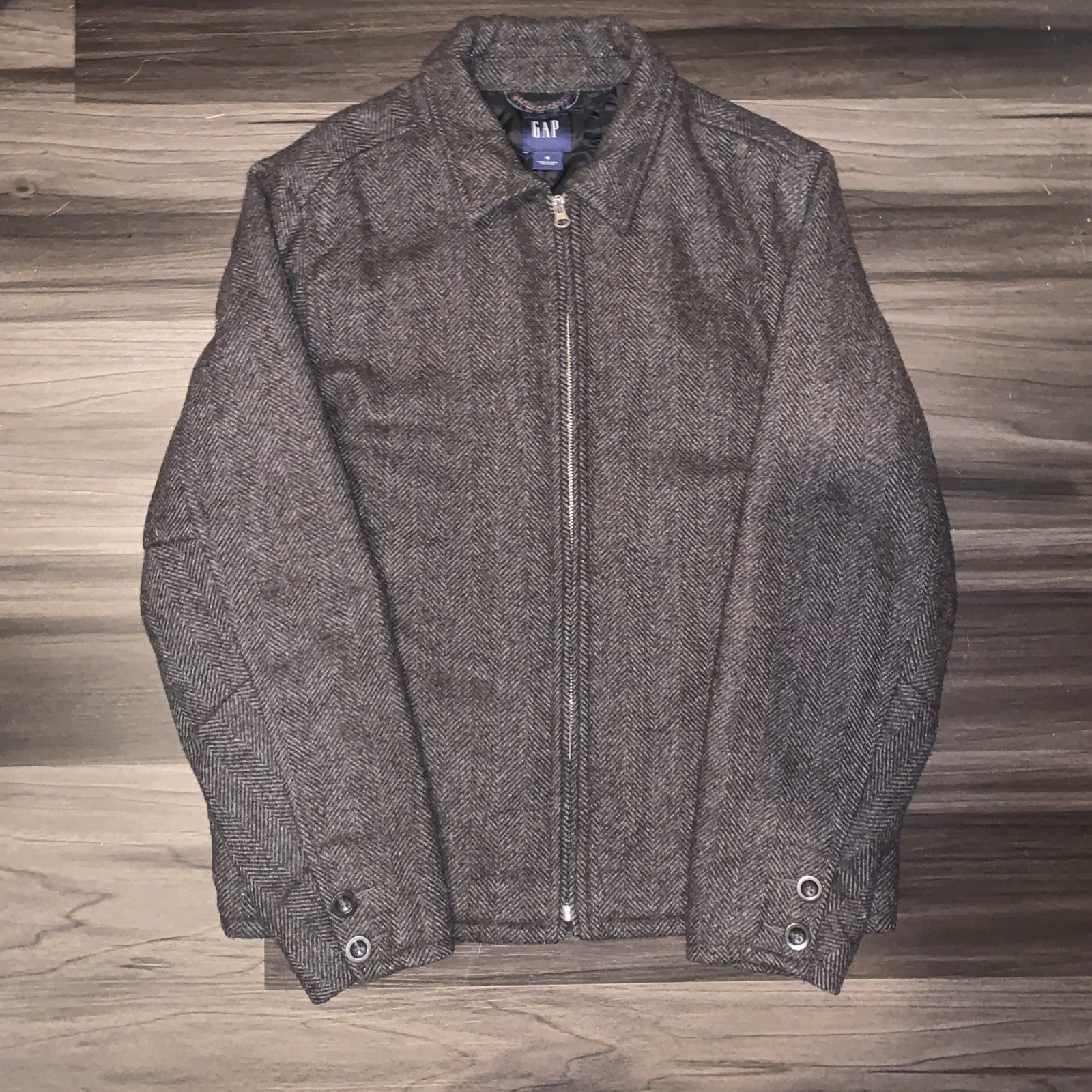 Vintage Gap Jacket Mens Large Gray Wool Herringbone Bomber Full Zip Lined Y2K