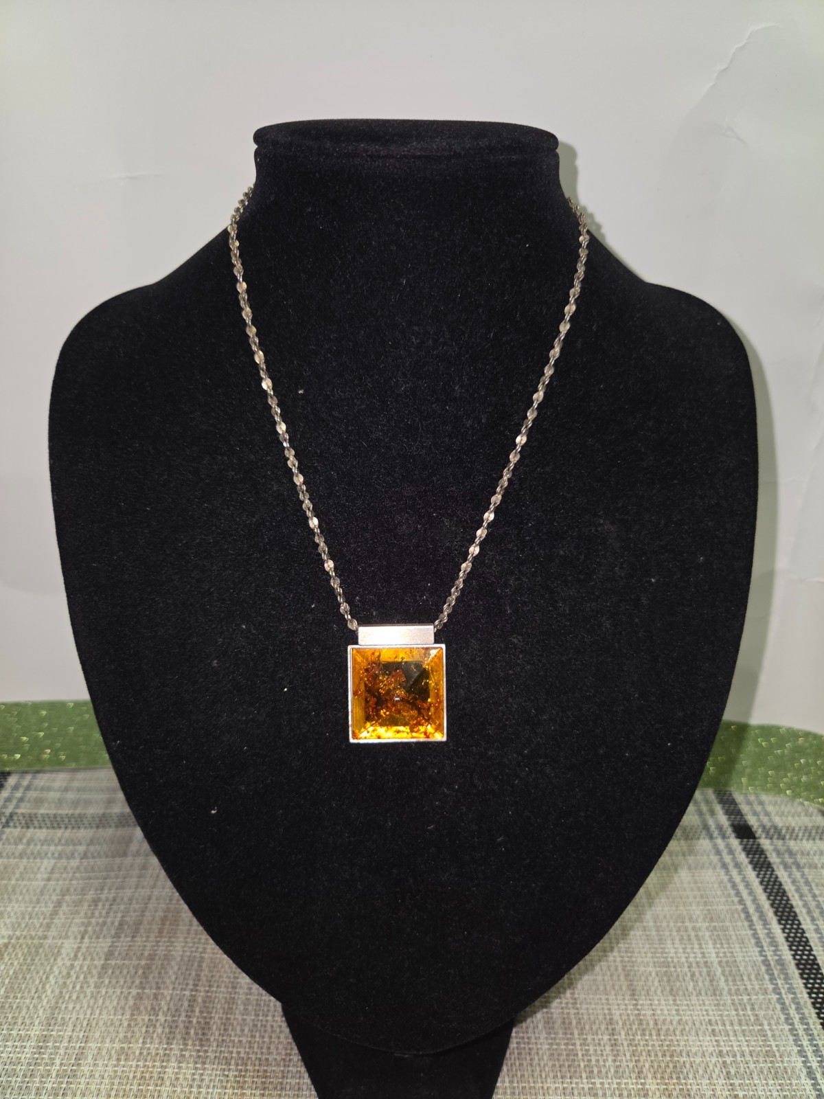 Natural Italian 925 Sterling Silver Amber Pendant Necklace Large Orange Cabochon