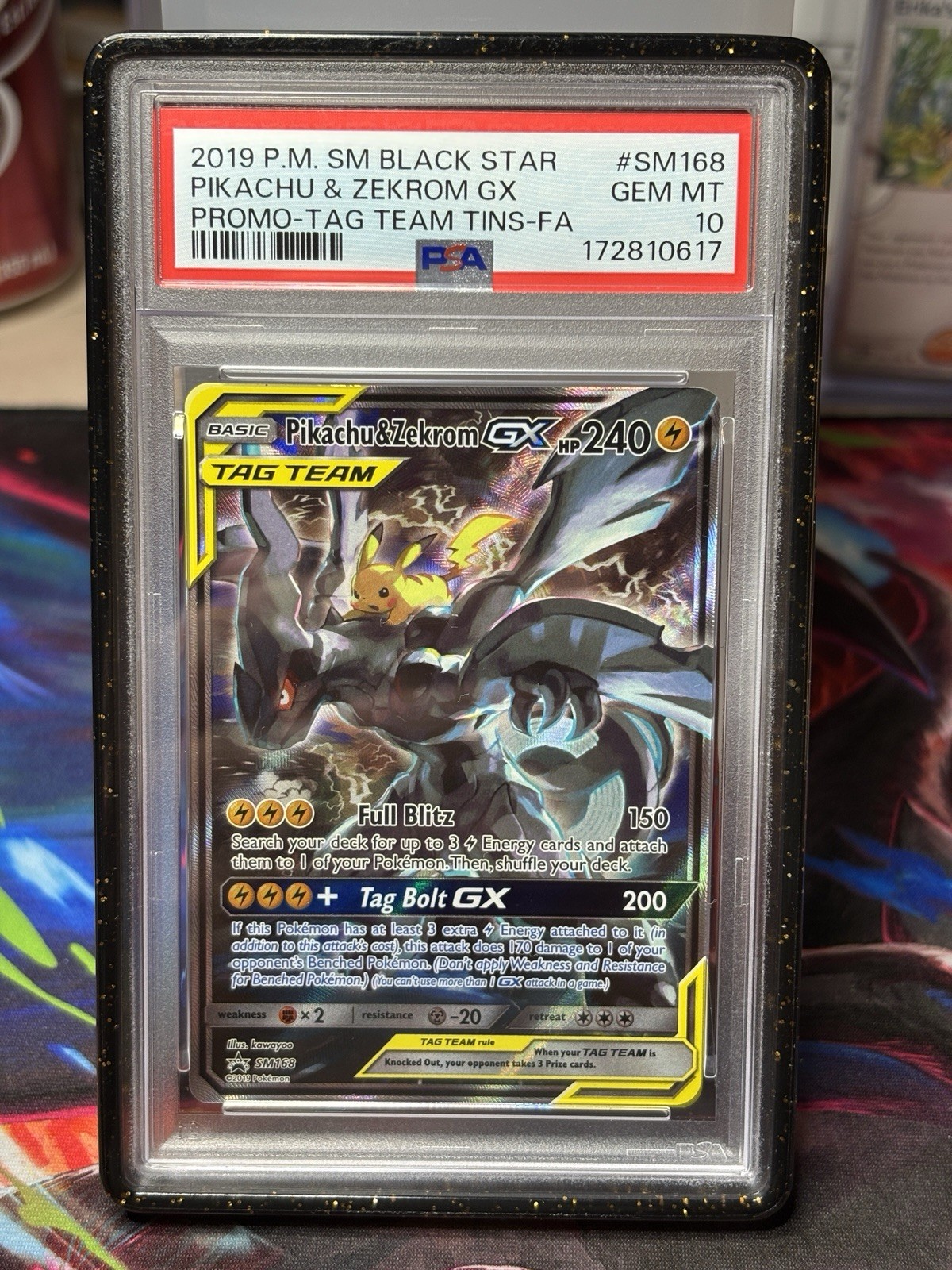 2019 POKEMON SM BLACK STAR PROMO #SM168 FULL ART PIKACHU & ZEKROM GX PSA 10