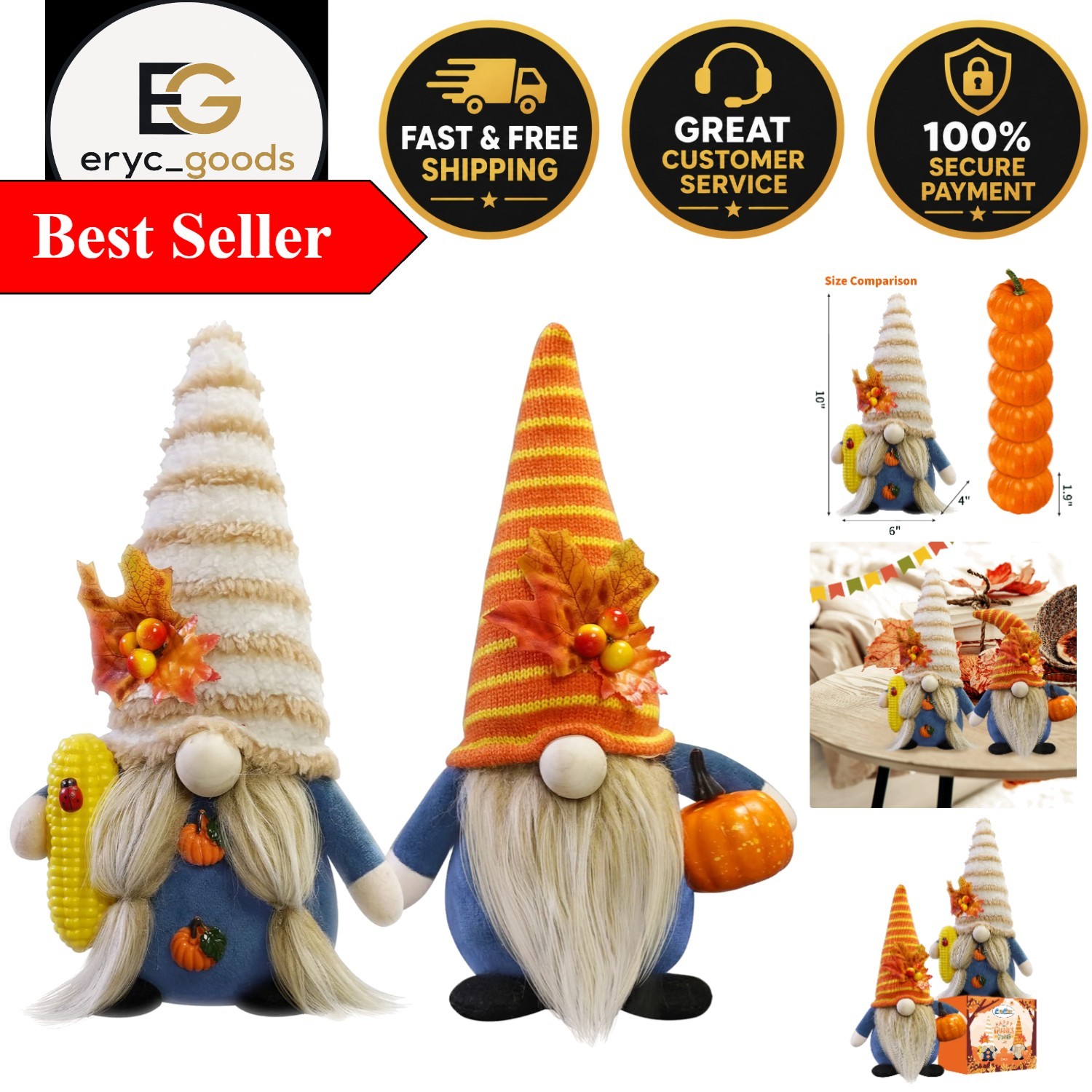 Festive Autumn Gnomes - 2 Count Handmade Thanksgiving Decor with Pumpkin Love