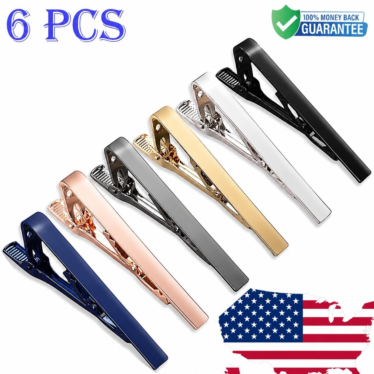 6 Pack Tie Clips for Men Elegant Metal Necktie Tie Bar Pinch Clasp Wedding Party