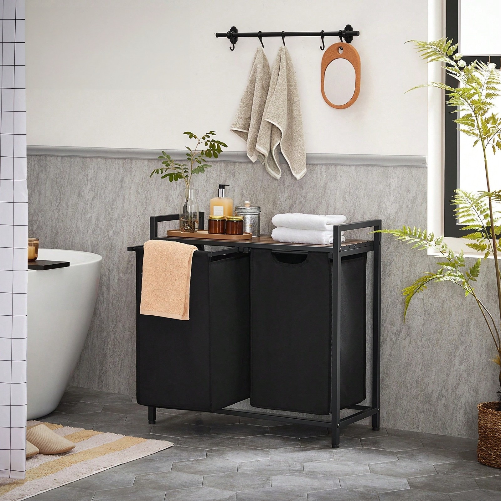 Laundry Hamper, Laundry Sorter With 2 Pull-Out And Removable Bags, Shelf