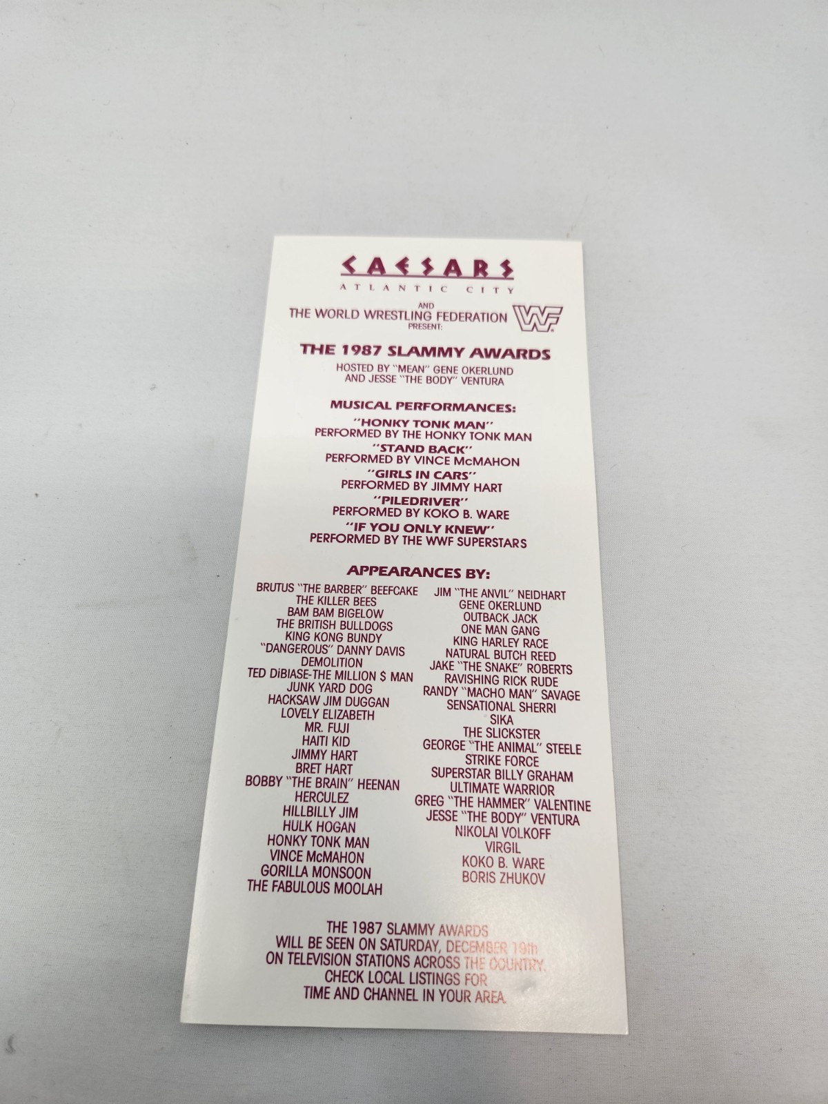 1987 WWF WWE Playbill Lineup Slammy 1987 Caesars Alantic City Very Rare 