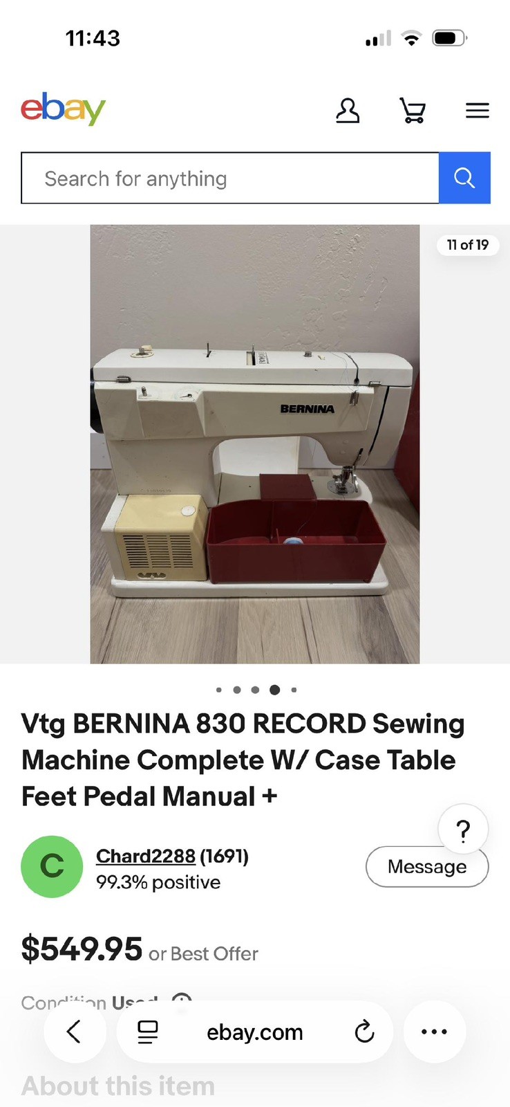 Vtg BERNINA 830 RECORD Sewing Machine Complete W/ Case Table Feet Pedal Manual +