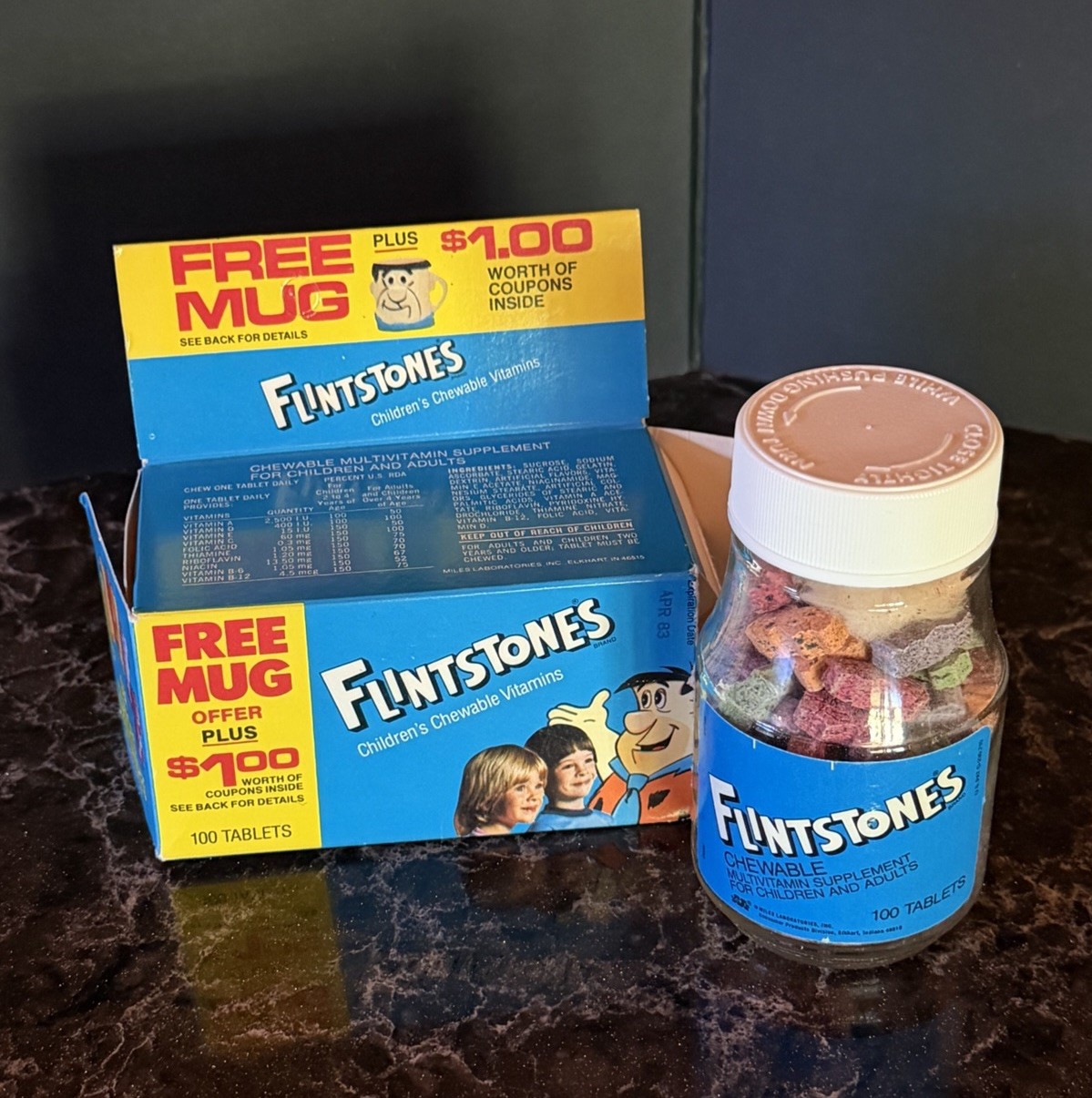 Vintage 1980's FLINTSTONES CHILDREN'S VITAMINS Unopened Bottle w/ Box & Coupons Vintage 1980's FLINTSTONES CHILDREN'S VITAMINS Unopened Bottle w/ Box & Coupons