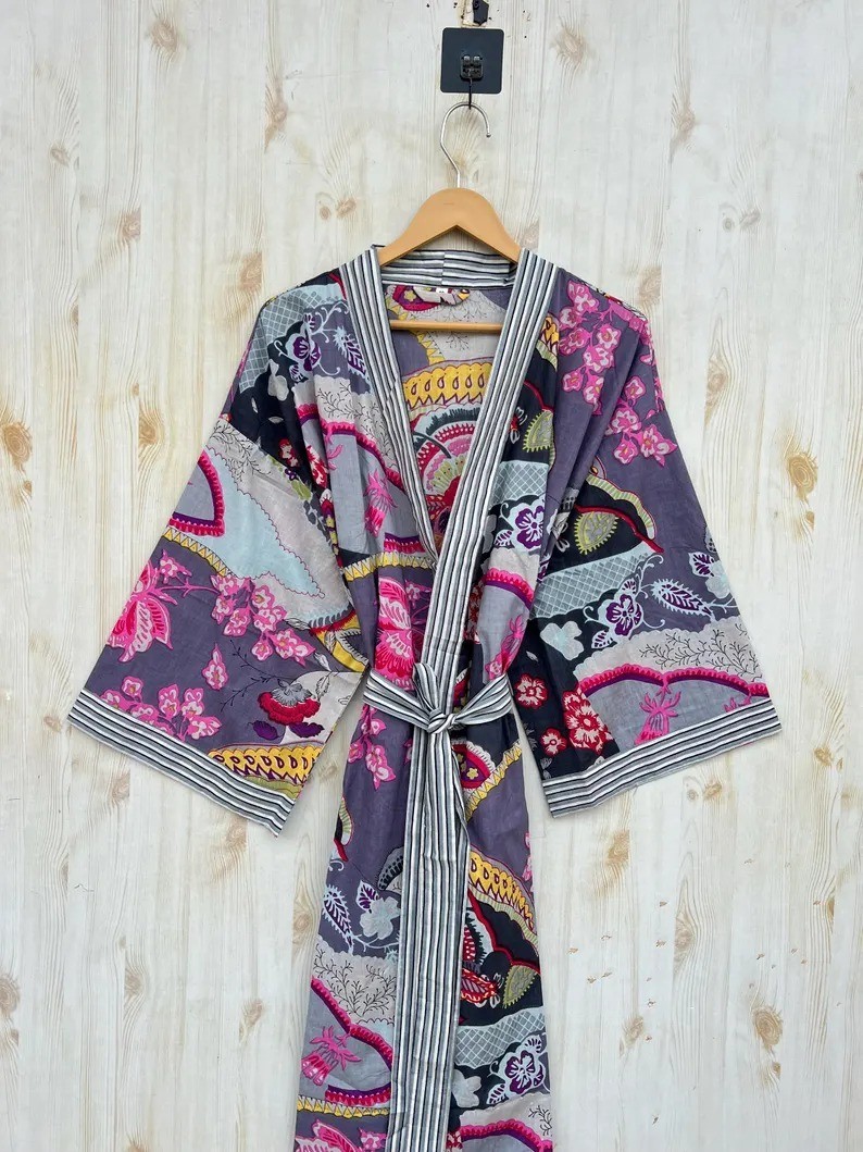 Cotton Floral Handmade Kimono Gown,Beachwear,Bathrobe,Summerwear,Bridemaid,Comfy