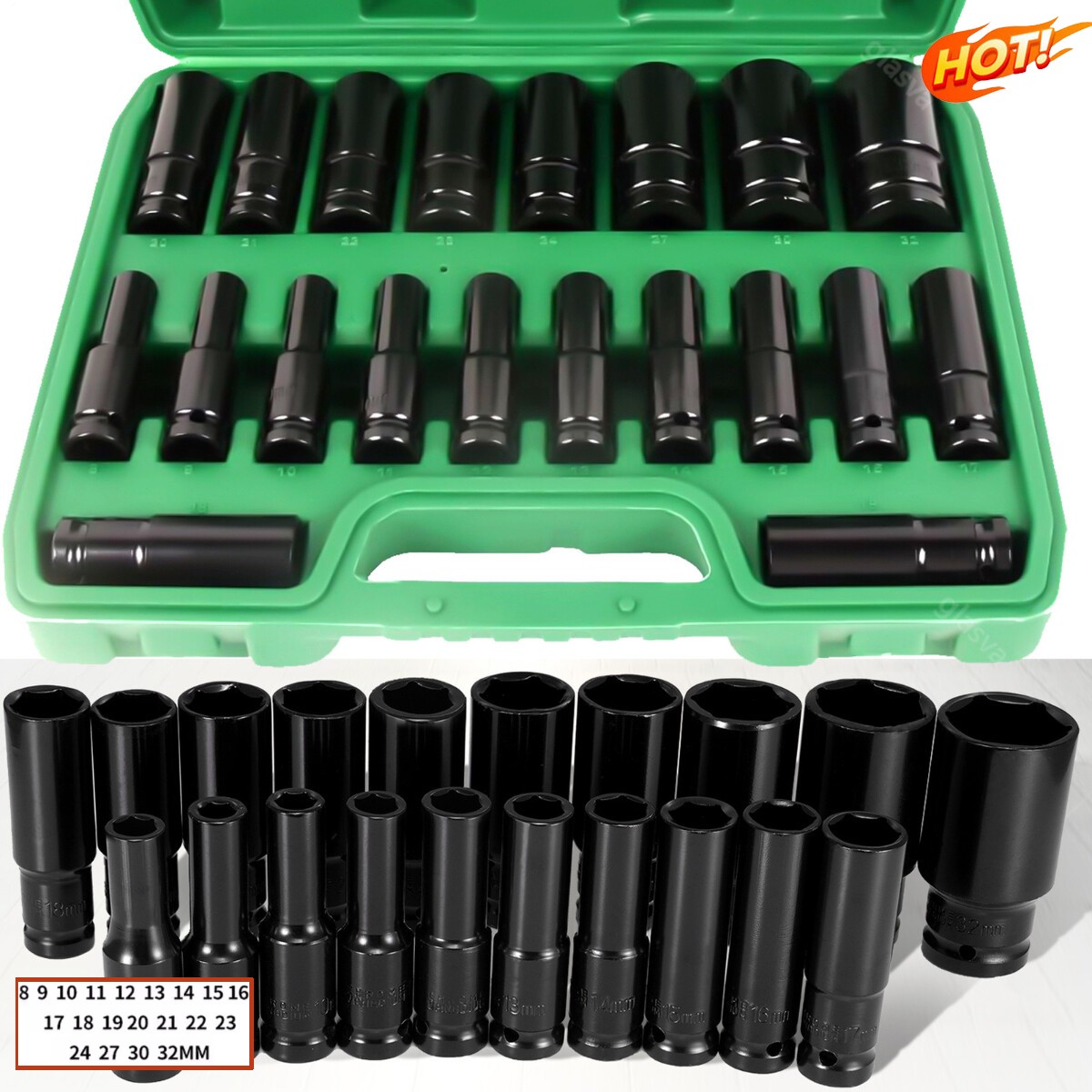 20PCS 1/2Inch Impact Sockets Set Drive Metric 8mm-32mm Deep 6-Point Set w/case