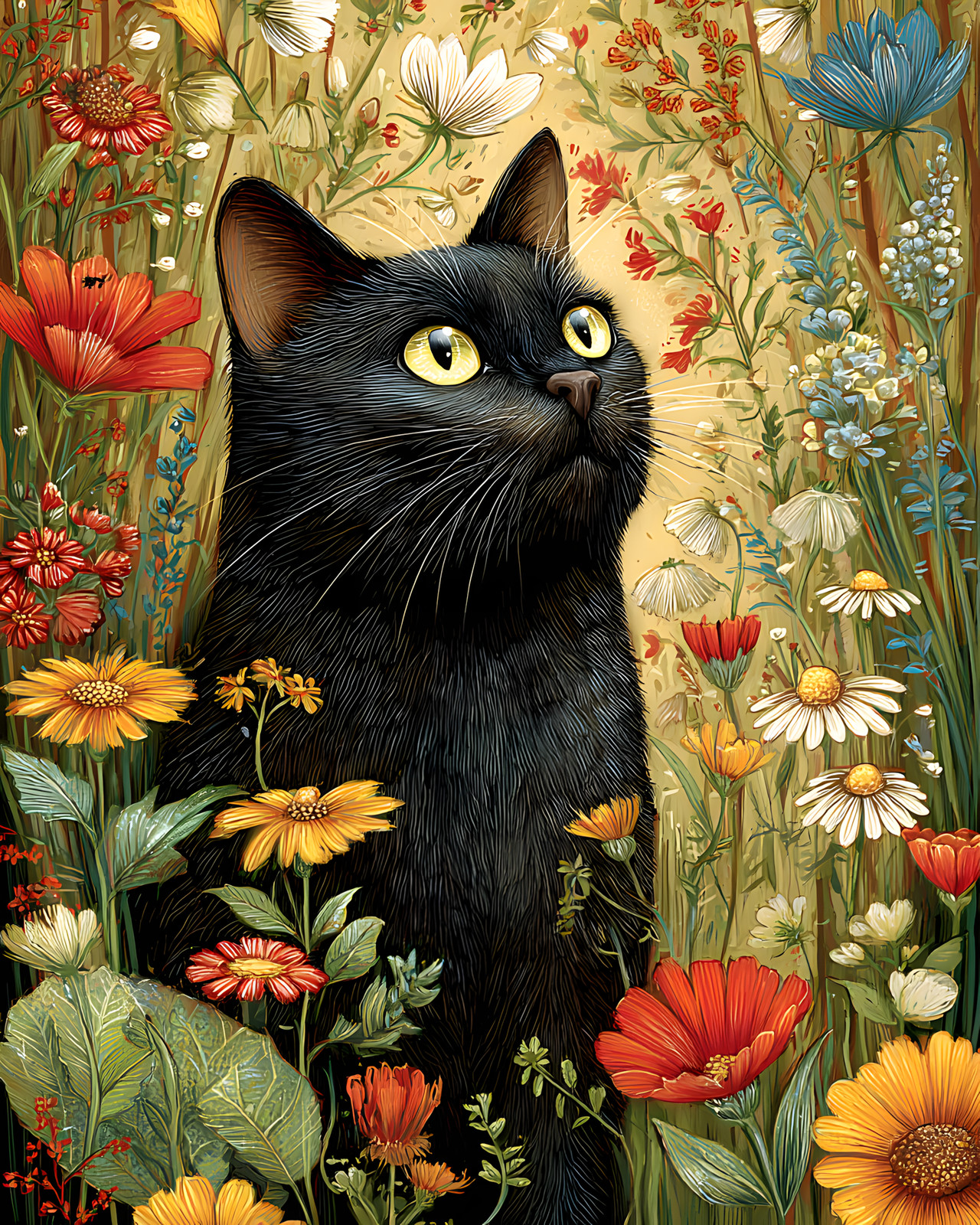 Golden-Eyed Black Cat Standing in Colorful Wildflower Meadow Print - 606133073