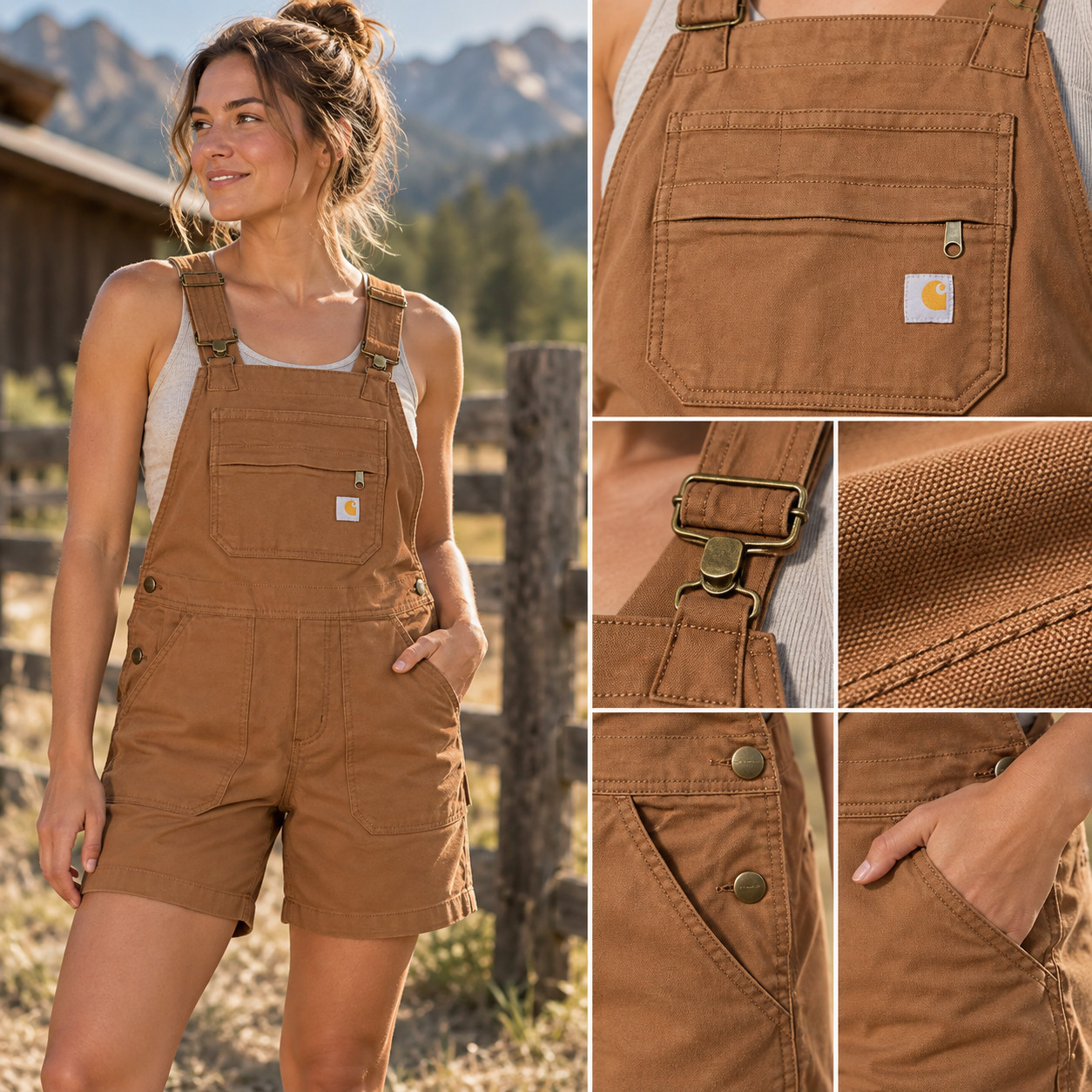 Carhartt Women\'s Shortalls Large Brown Rugged Flex Relaxed Fit Canvas Overalls