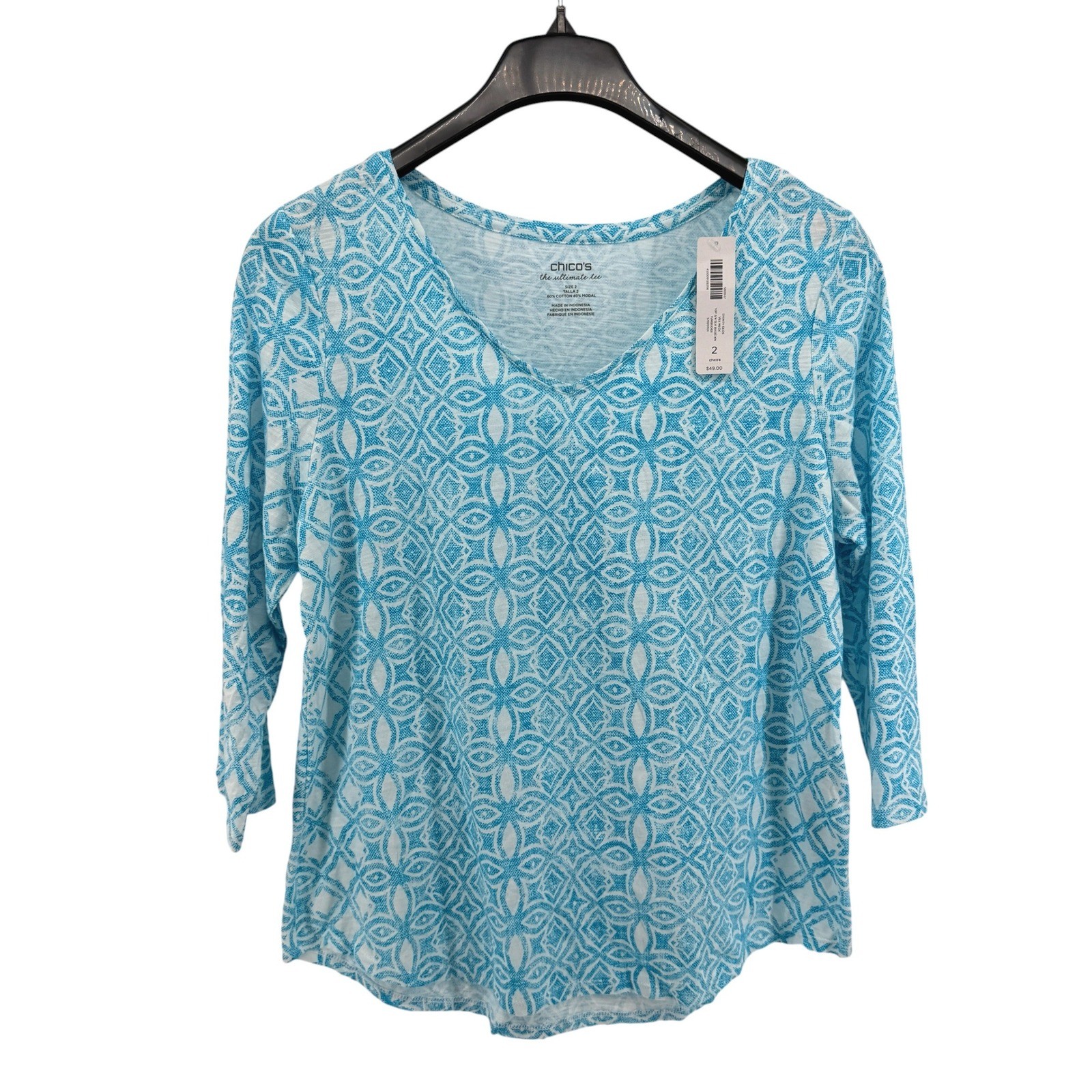 NEW Chico\'s Ultimate Tee Women 2/Large Top Turquoise Geometric 3/4 Sleeve V-Neck