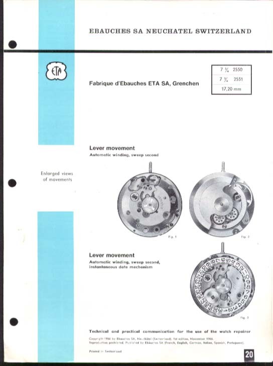Ebauches SA 2550 2551 Watch Tech Info 1963