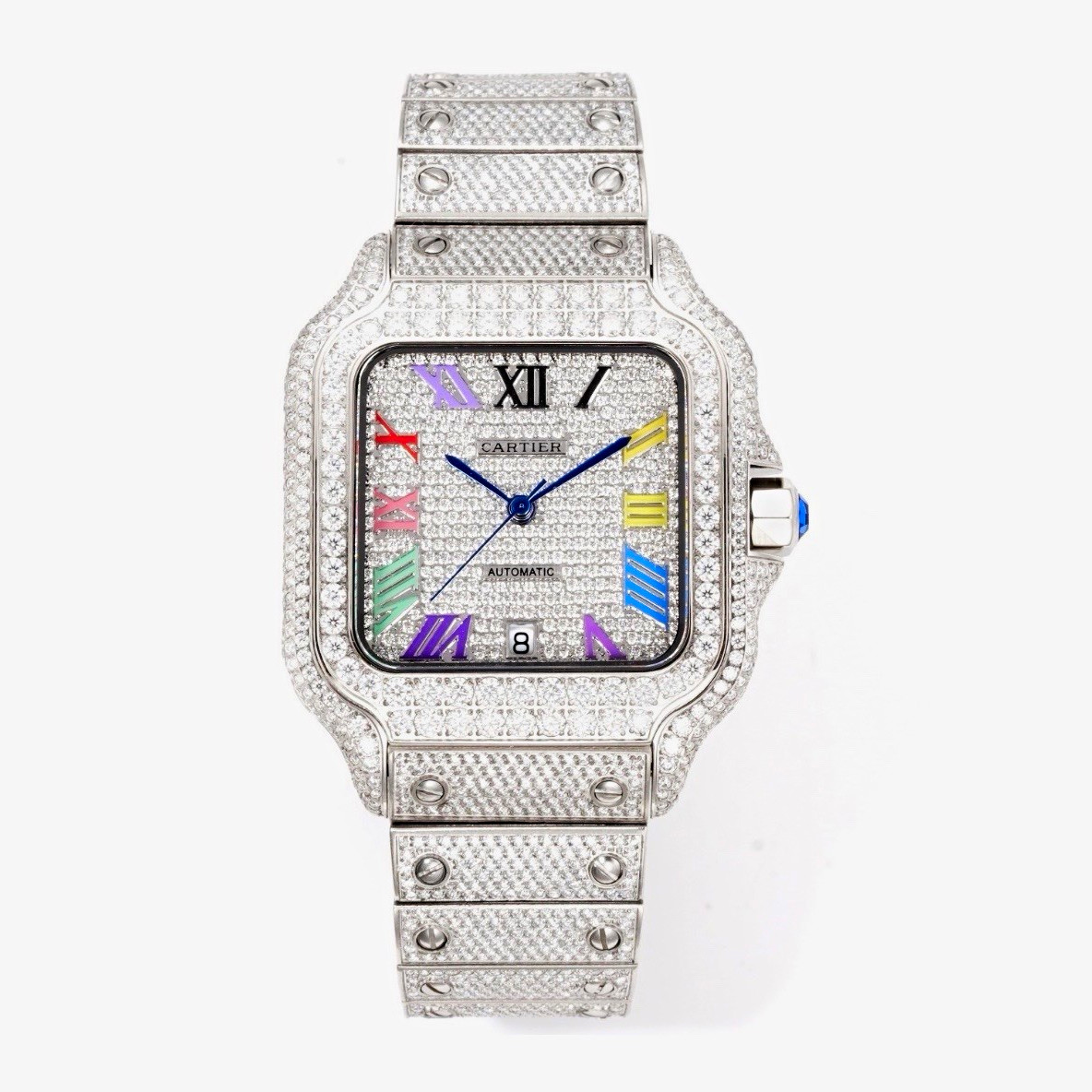 Cartier Santos Automatic Square Watch Diamond Bezel Date Silver Multicolor Dial Cartier Santos Automatic Square Watch Diamond Bezel Date Silver Multicolor Dial