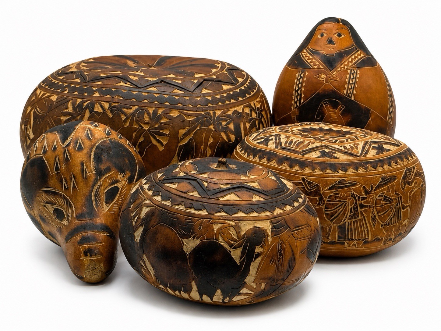 Signed Tito Medina Peru Mate Burilado 5 Pc Folk Art Gourd Set Storyteller