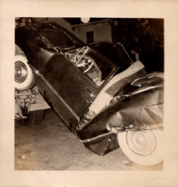 Vintage 1950s 1960s Black & White Photo Classic Car Accident Wreck Crash Scene