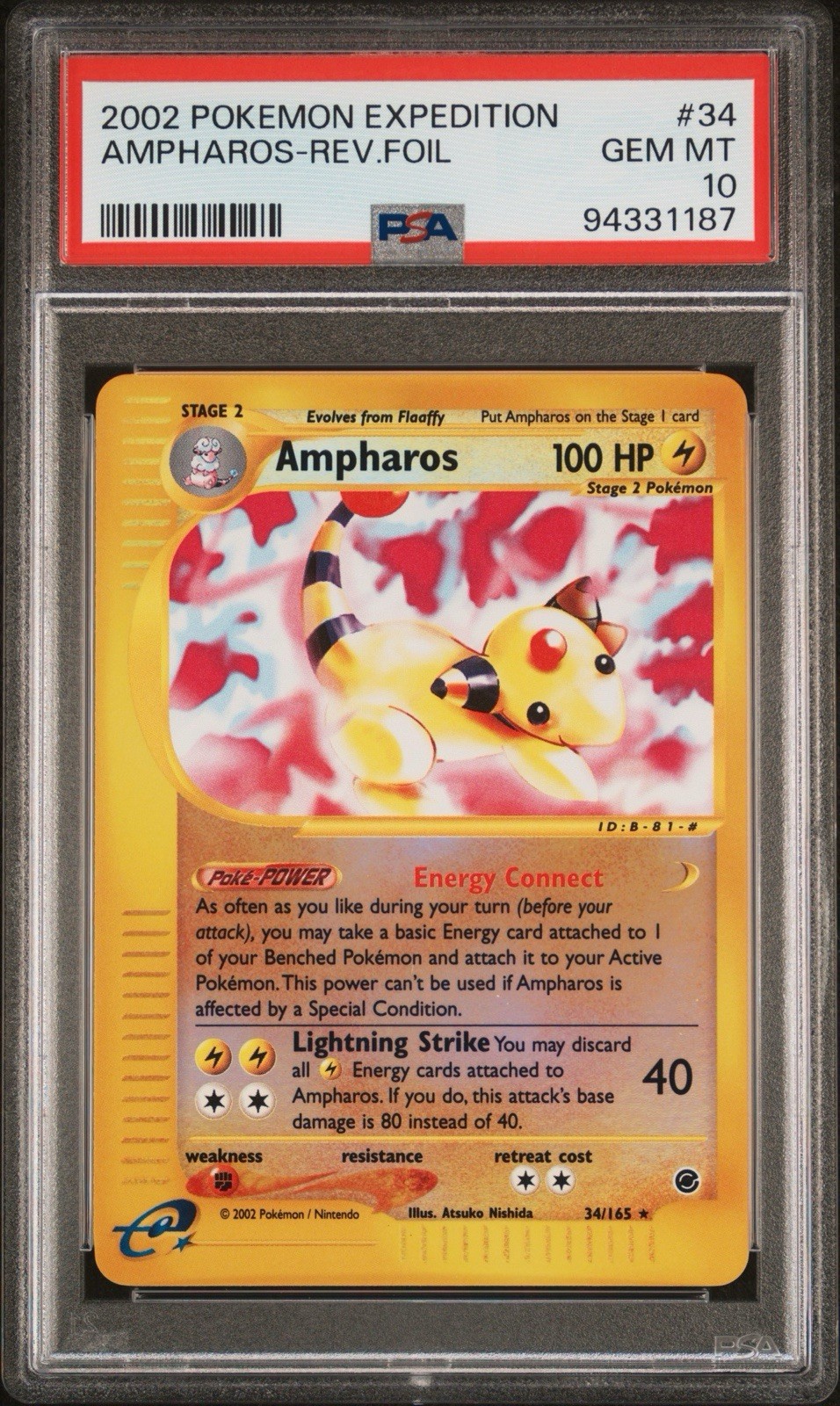 2002 POKEMON EXPEDITION #34 AMPHAROS-REVERSE FOIL PSA 10