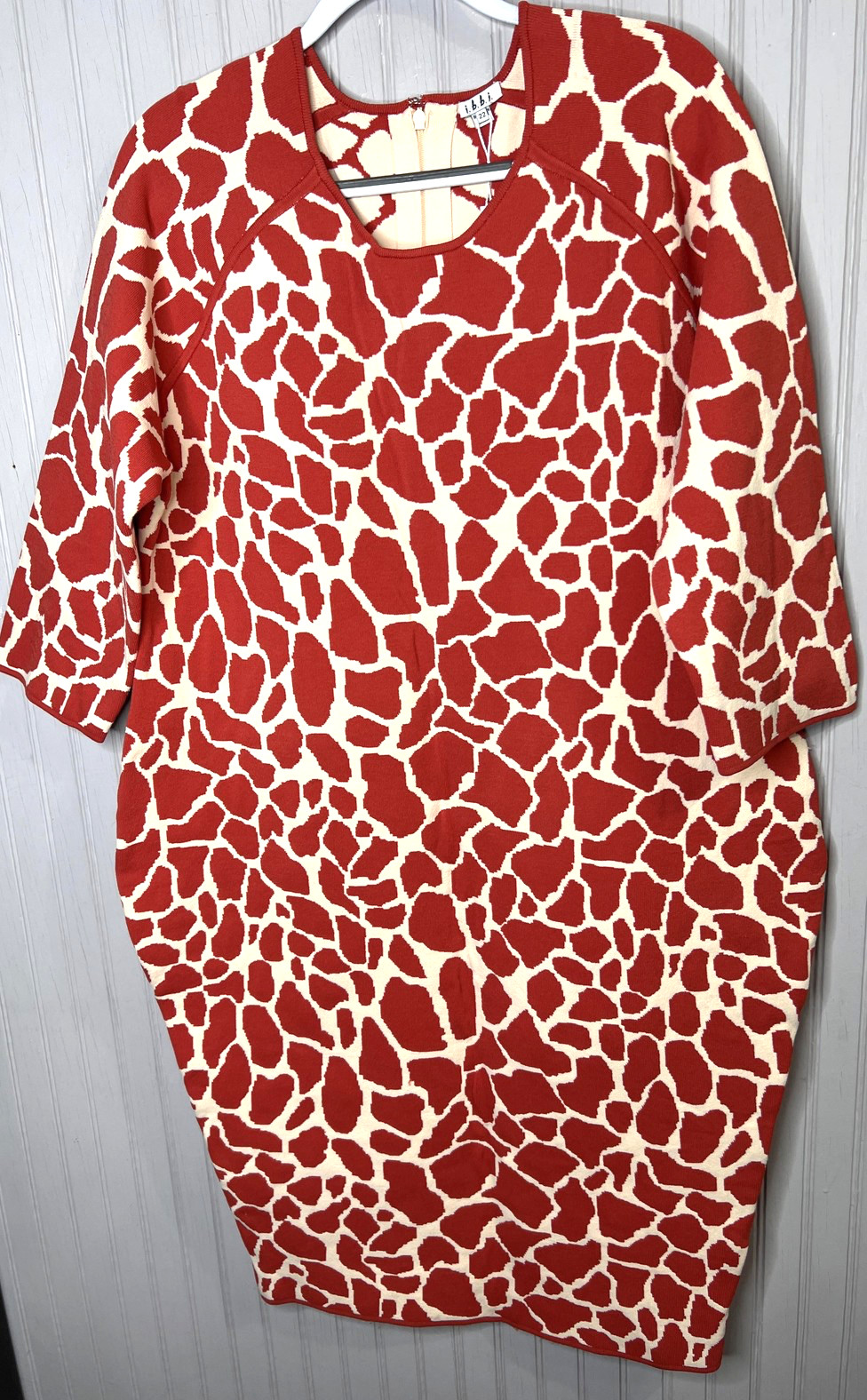 I.B.B.I. Dress Womens 22 Red Giraffe Print Bodycon 3/4 Sleeve Knit Back Zip