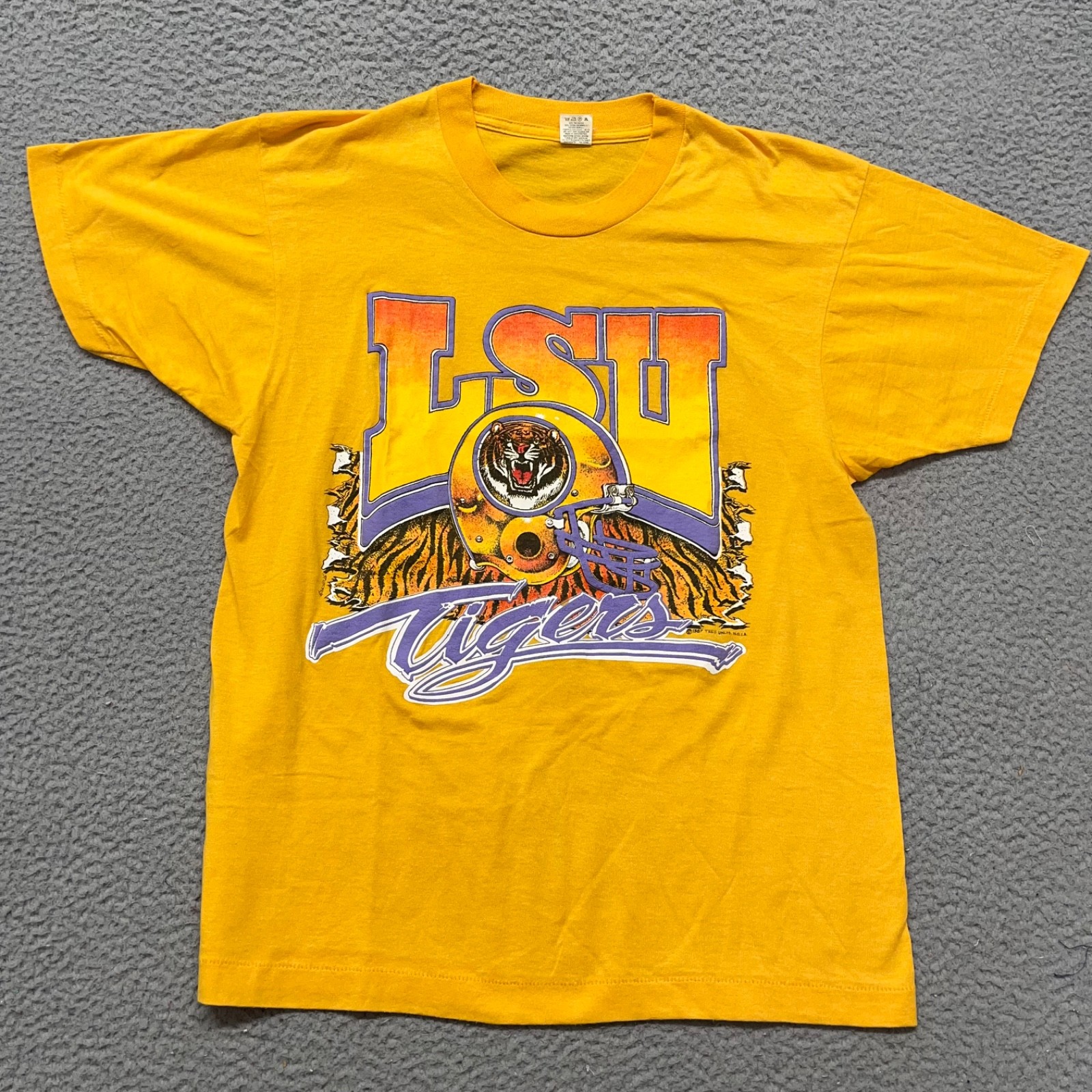 Vintage 1987 LSU Tigers Shirt Mens L Yellow Screen Stars USA Single Stitch