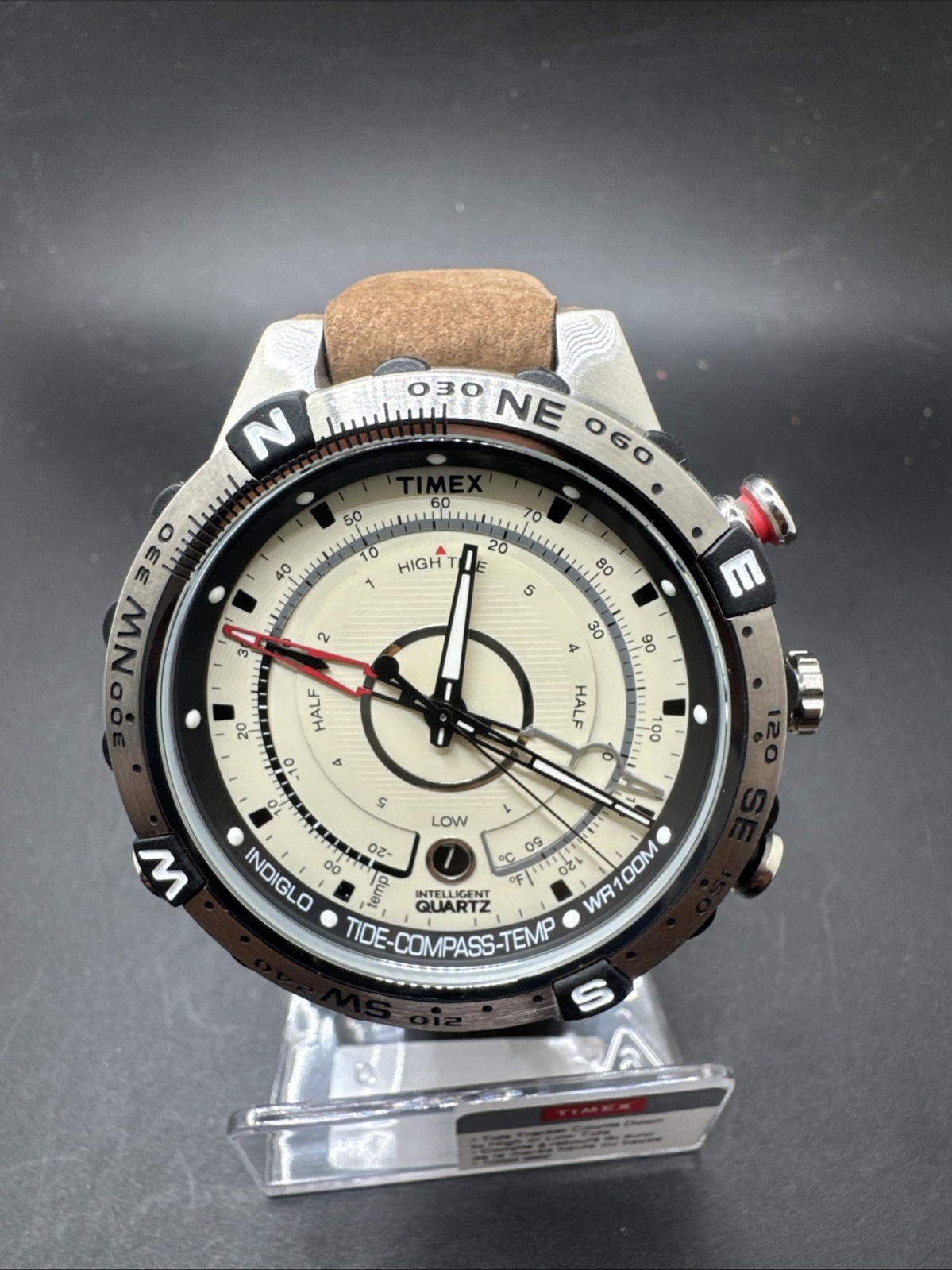Timex Intelligent Quartz Tide Temp Compass T2N721 Silver Case Brown Strap Watch Timex Intelligent Quartz Tide Temp Compass T2N721 Silver Case Brown Strap Watch