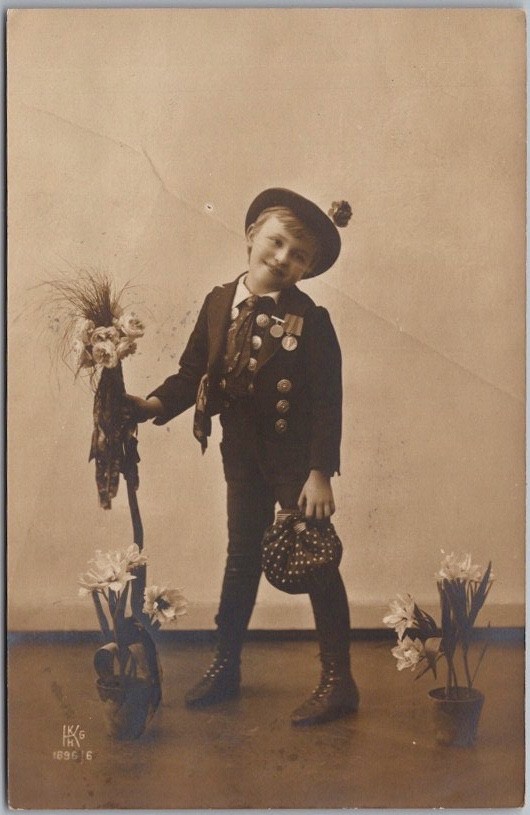Vintage 1909  RPPC Photo Greetings Postcard Little Boy in Uniform w/ Flowers