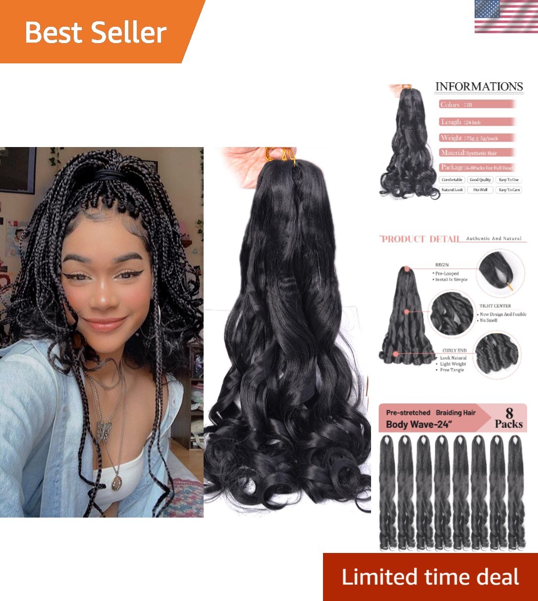 French Curly Braiding Hair 24 Inch Bouncy Loose Wavy 8 Packs Black | Syntheti... French Curly Braiding Hair 24 Inch Bouncy Loose Wavy 8 Packs Black | Syntheti...