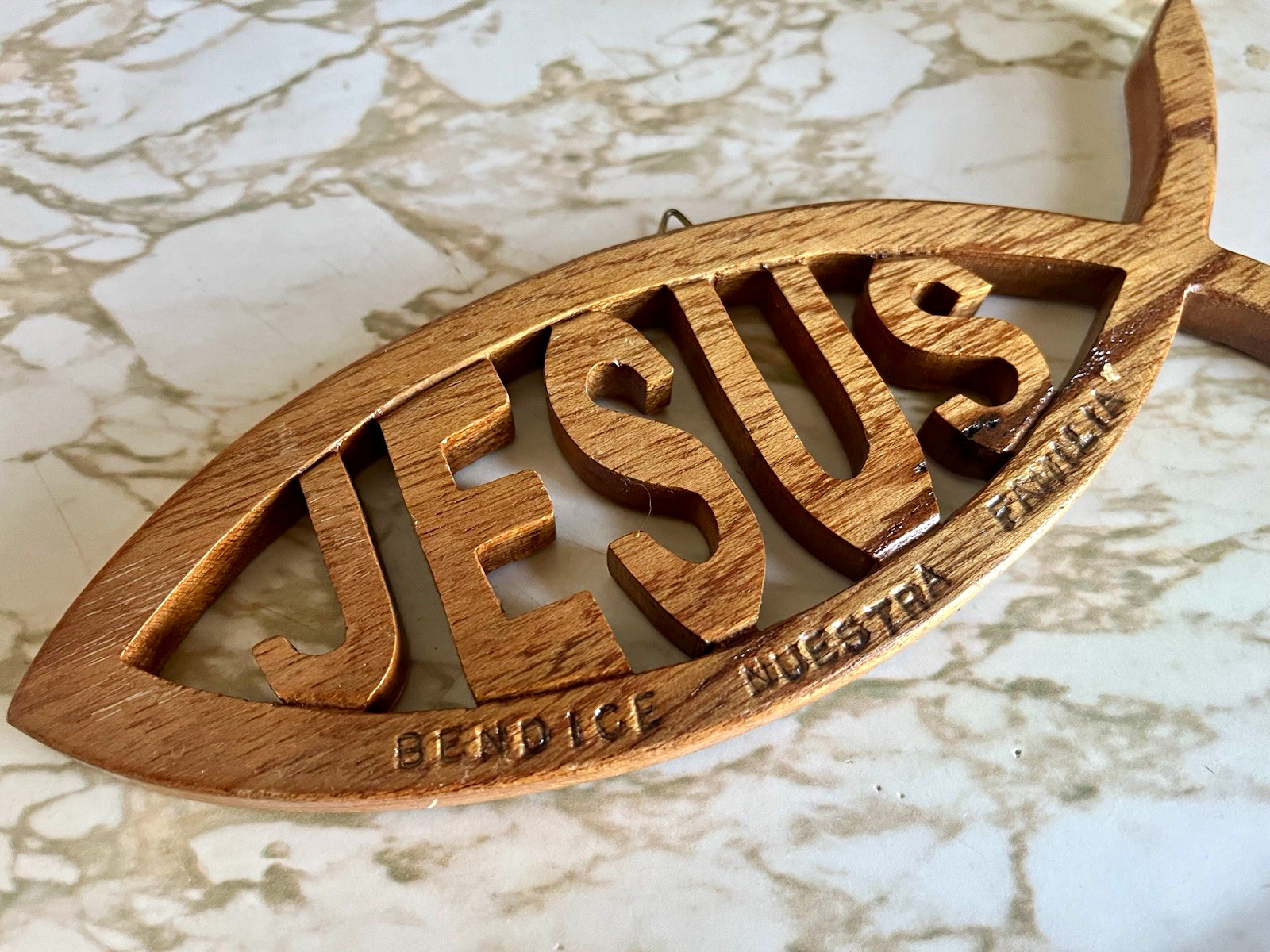 Vintage Hand Carved Jesus Fish Wall Hanging Plaque “Bendice Nuestra Familia”