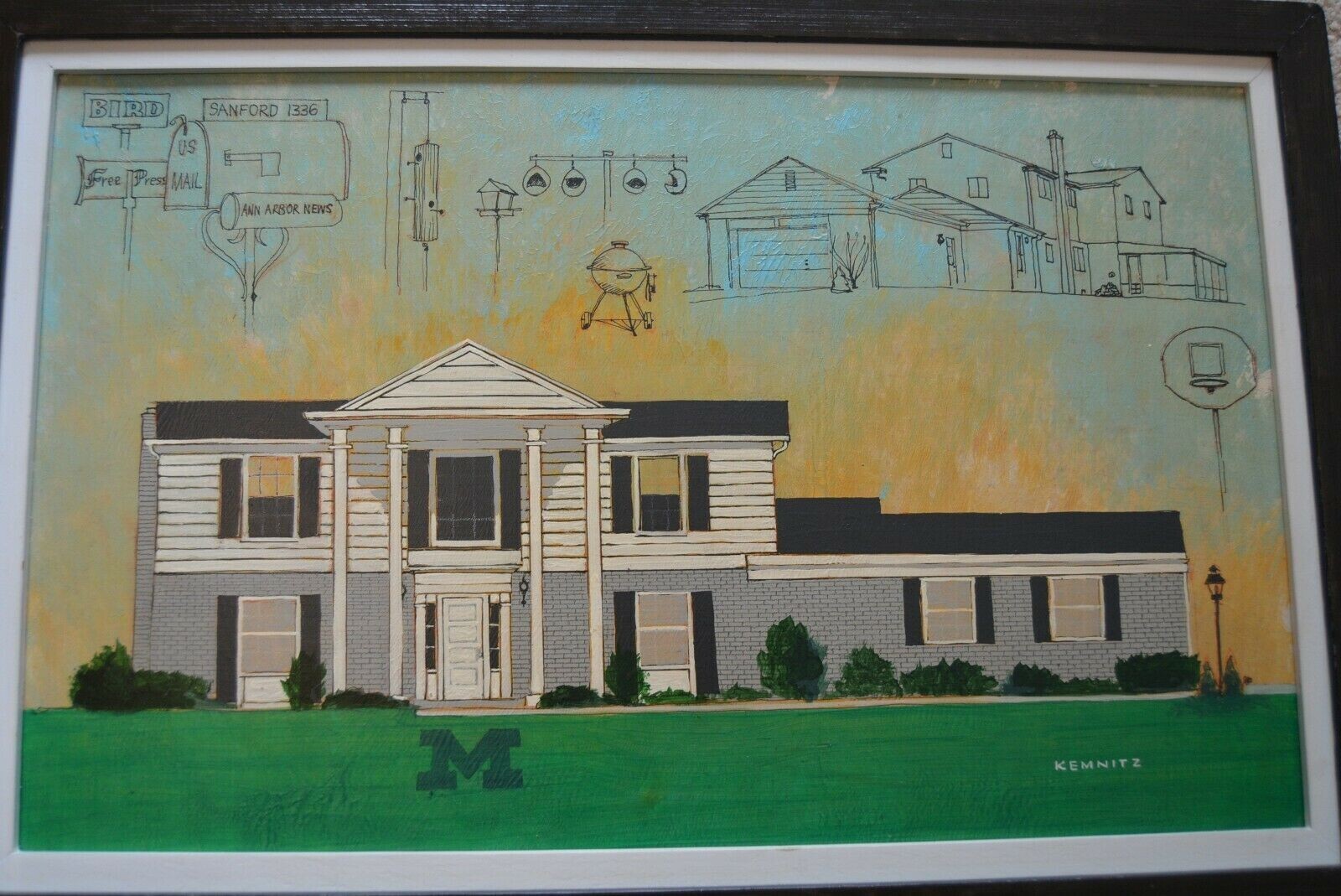 MILTON KEMNITZ 1979 NEIGHBORS MICHIGAN GREAT LAKES ACRYLIC PAINTING FRAMED