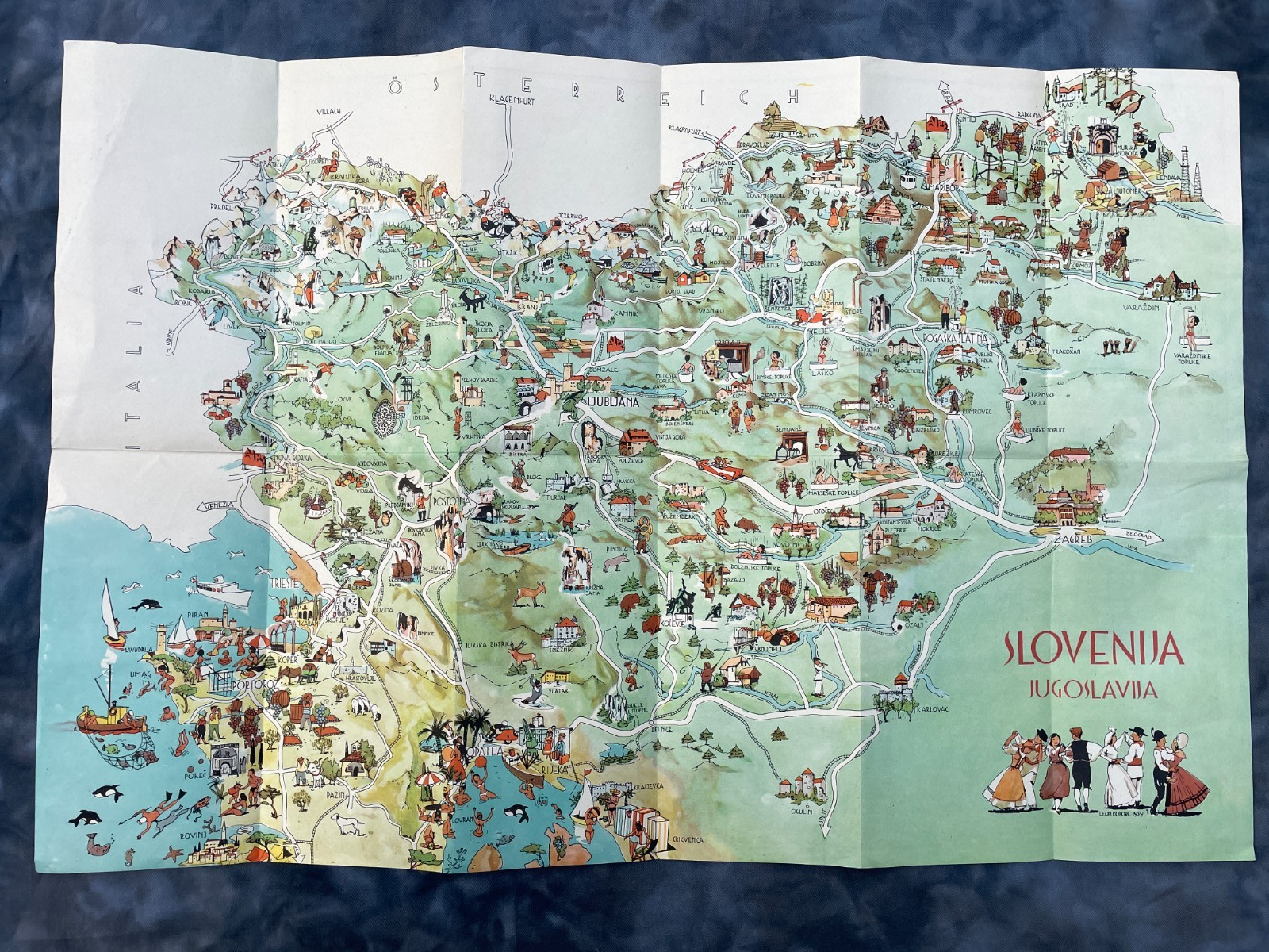 Vintage Slovenia Yugoslavia Map 1959 Leon Koporc Tourist Art Slovenija