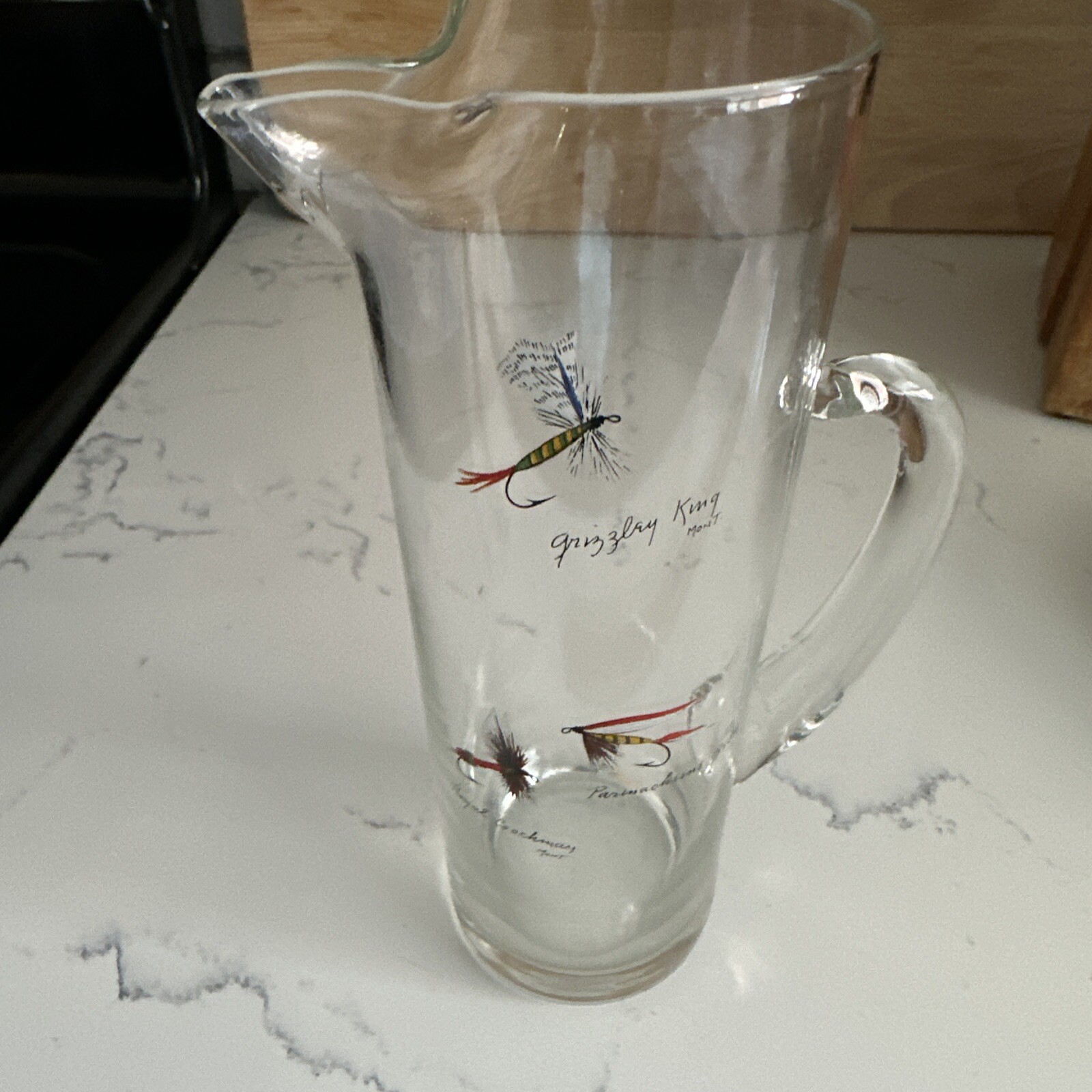 RARE & HARD TO FIND  SINTZENICH GLASS Fly Fishing 8” PITCHER.