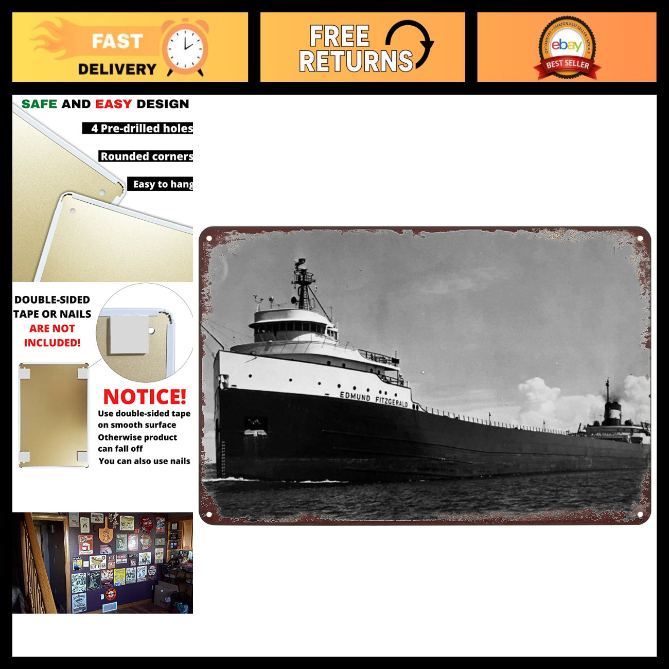 Vintage Metal Tin Sign - SS Edmund Fitzgerald Freighter Wall Art Decor 8x12\